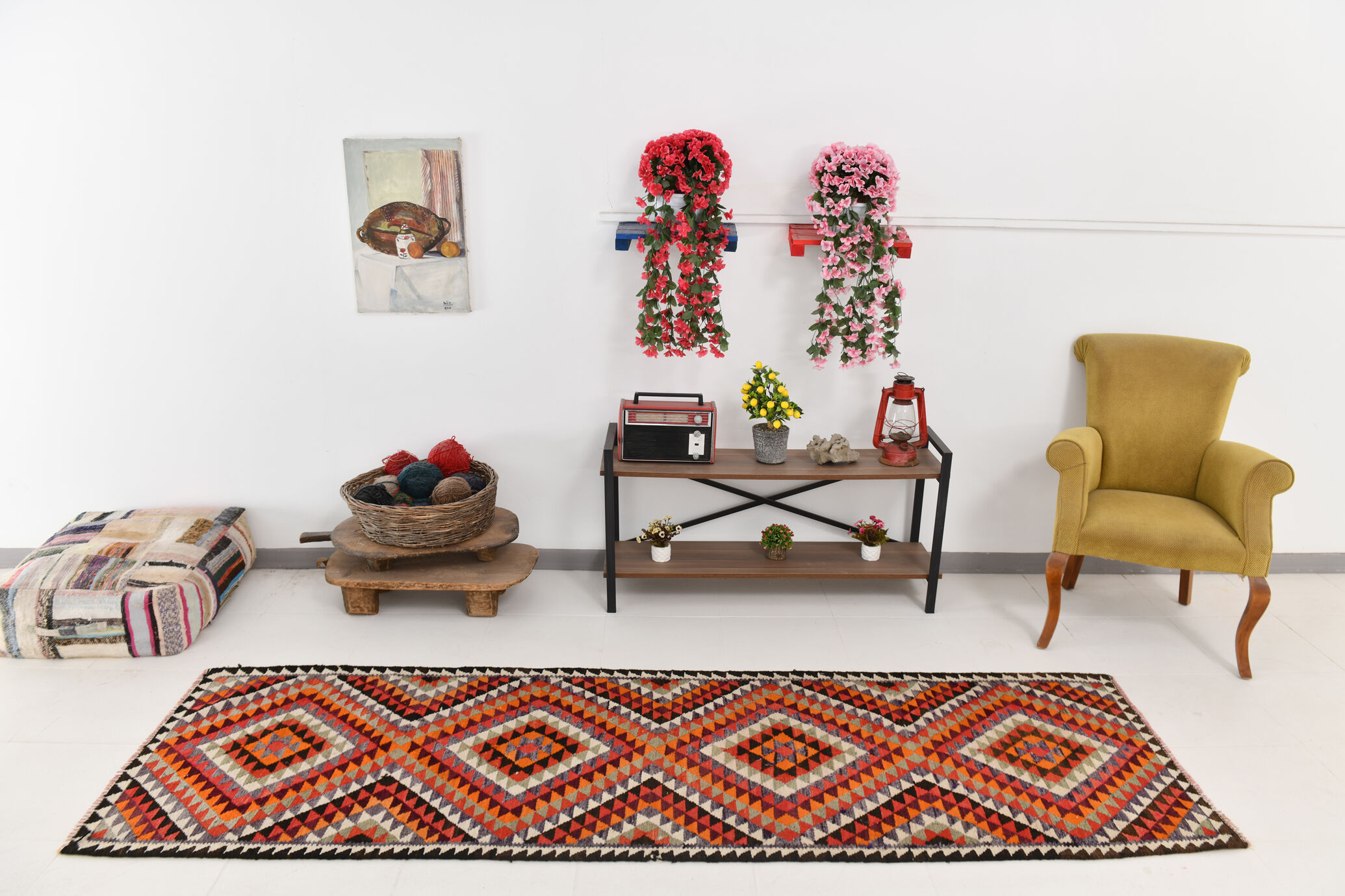 3x9 geometric kilim runner rug, 86x278cm