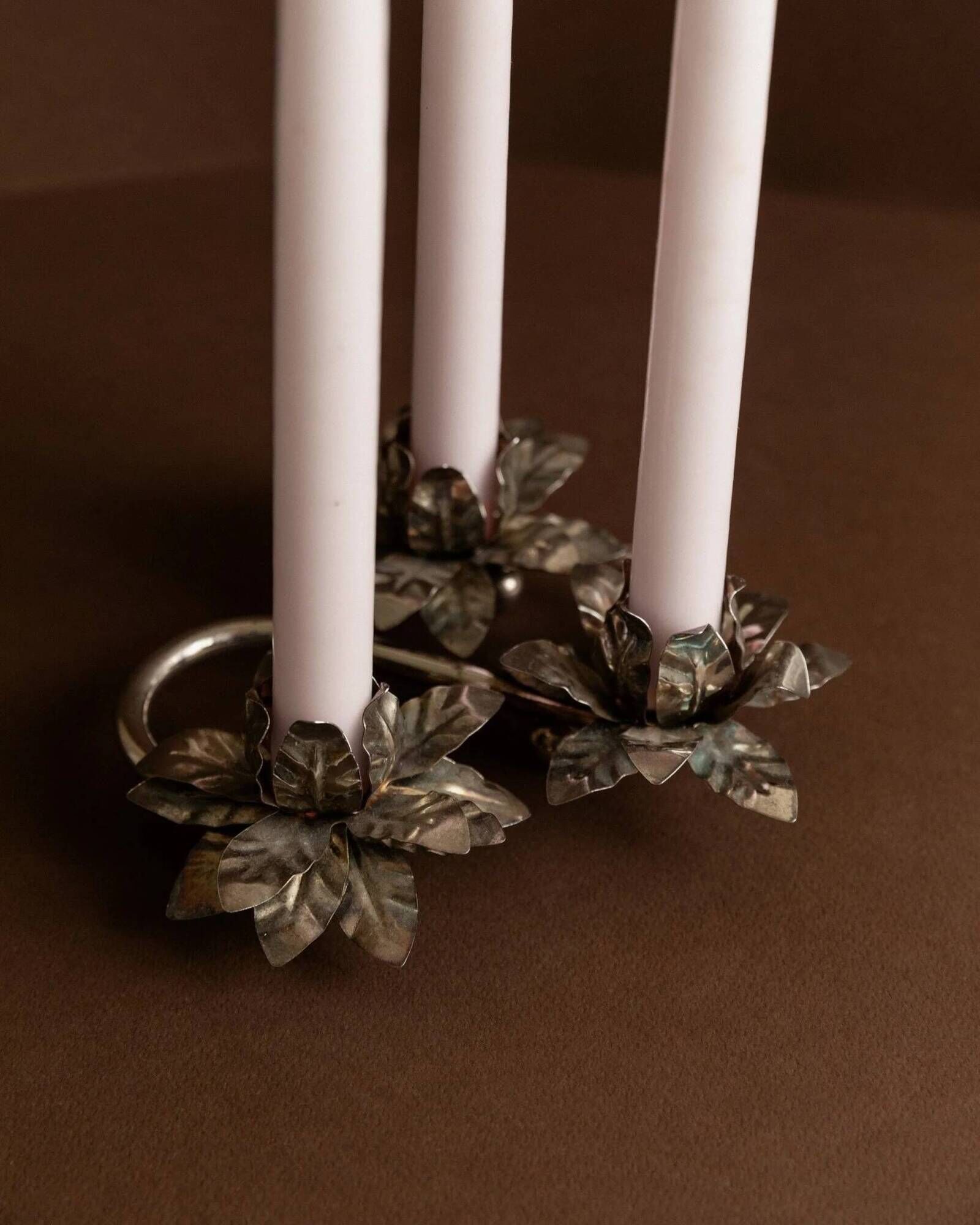 Vintage silver candle holder with 3 flowers - Mid-Century design Italy 1960s