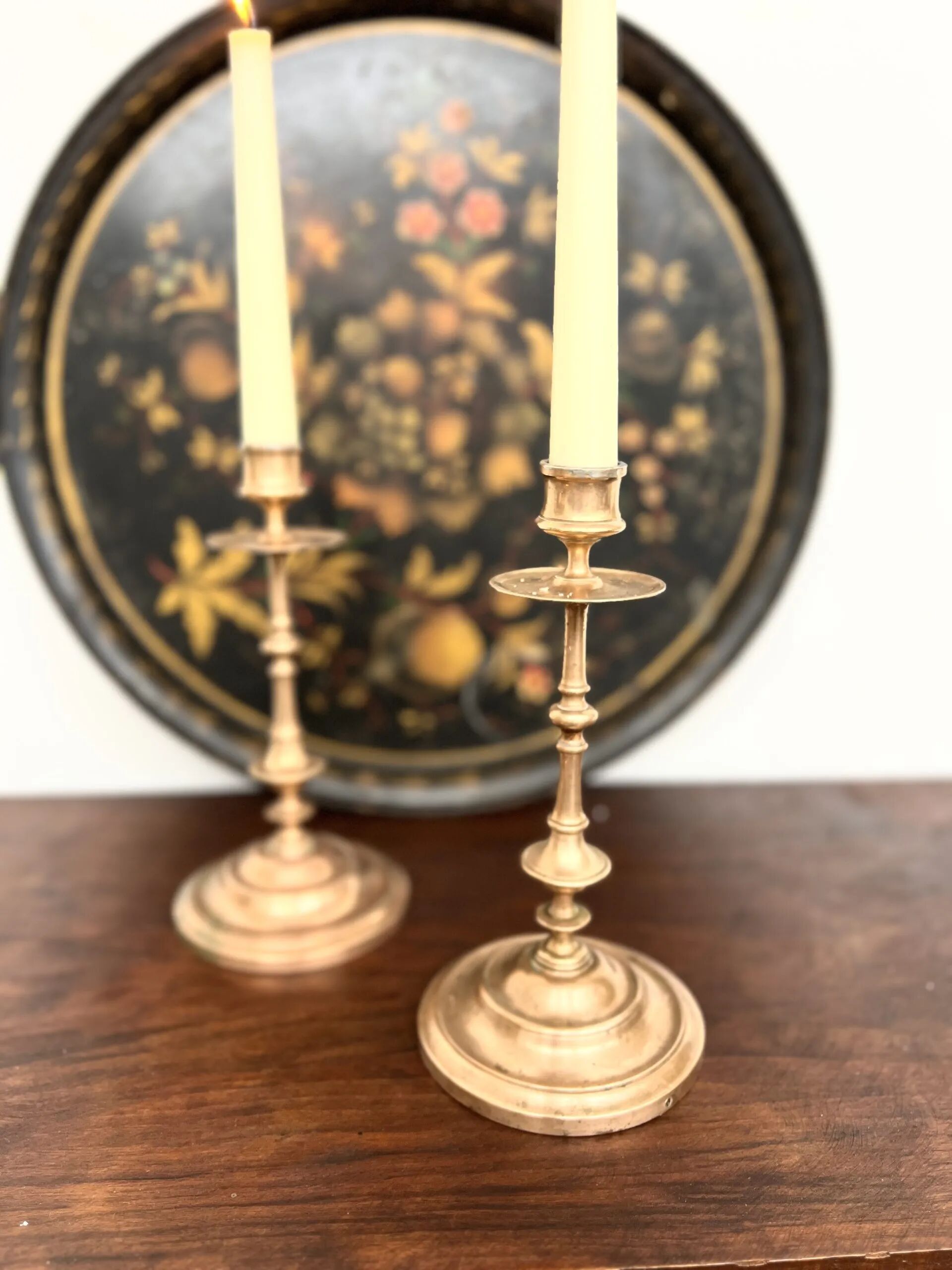 Pair of antique turned rose brass candlesticks (24 cm)