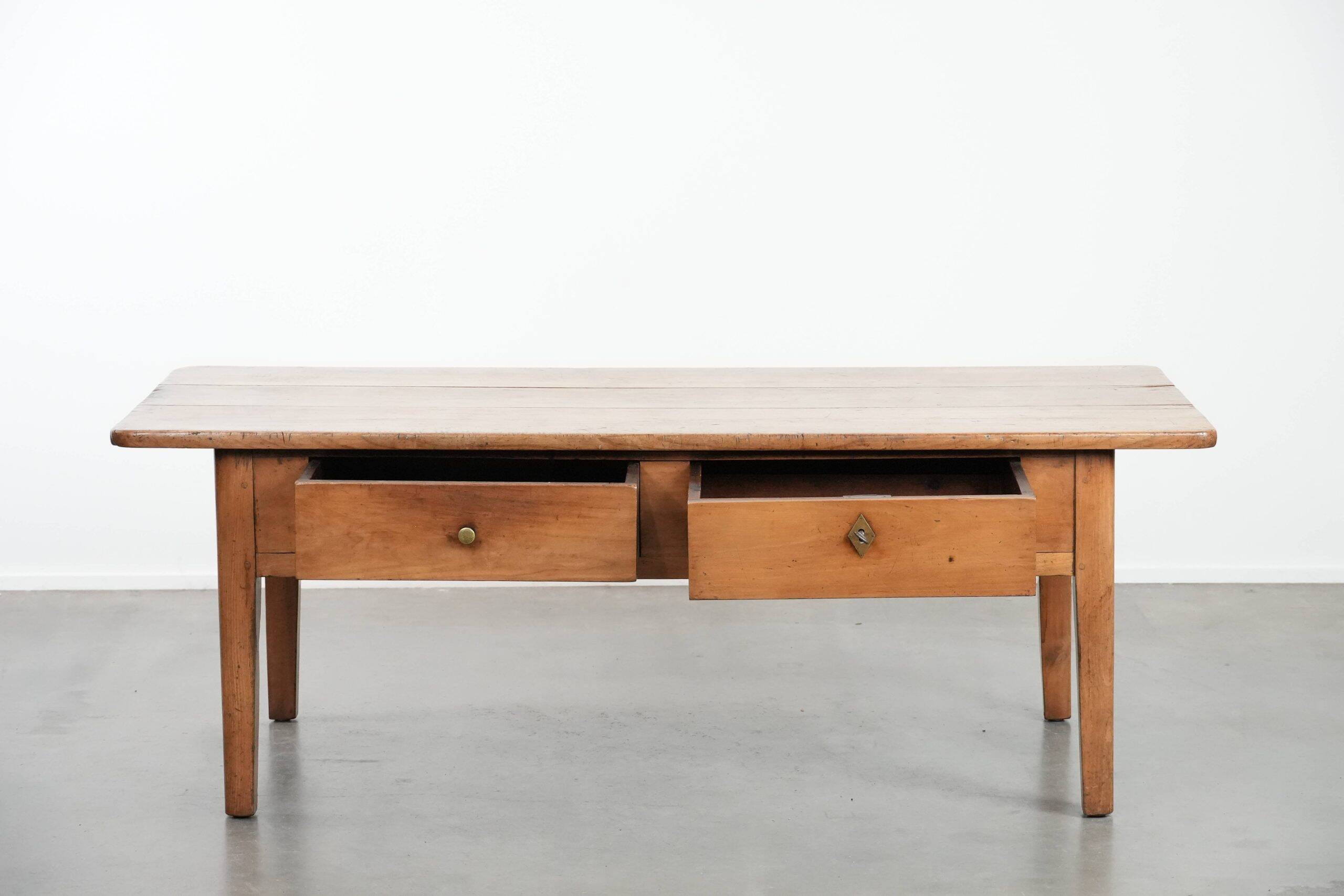 Fantastic antique French coffee table made of fruitwood with two drawers