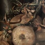 Oil painting on canvas signed J. Fleury-Bin Still Life with pewter and onions