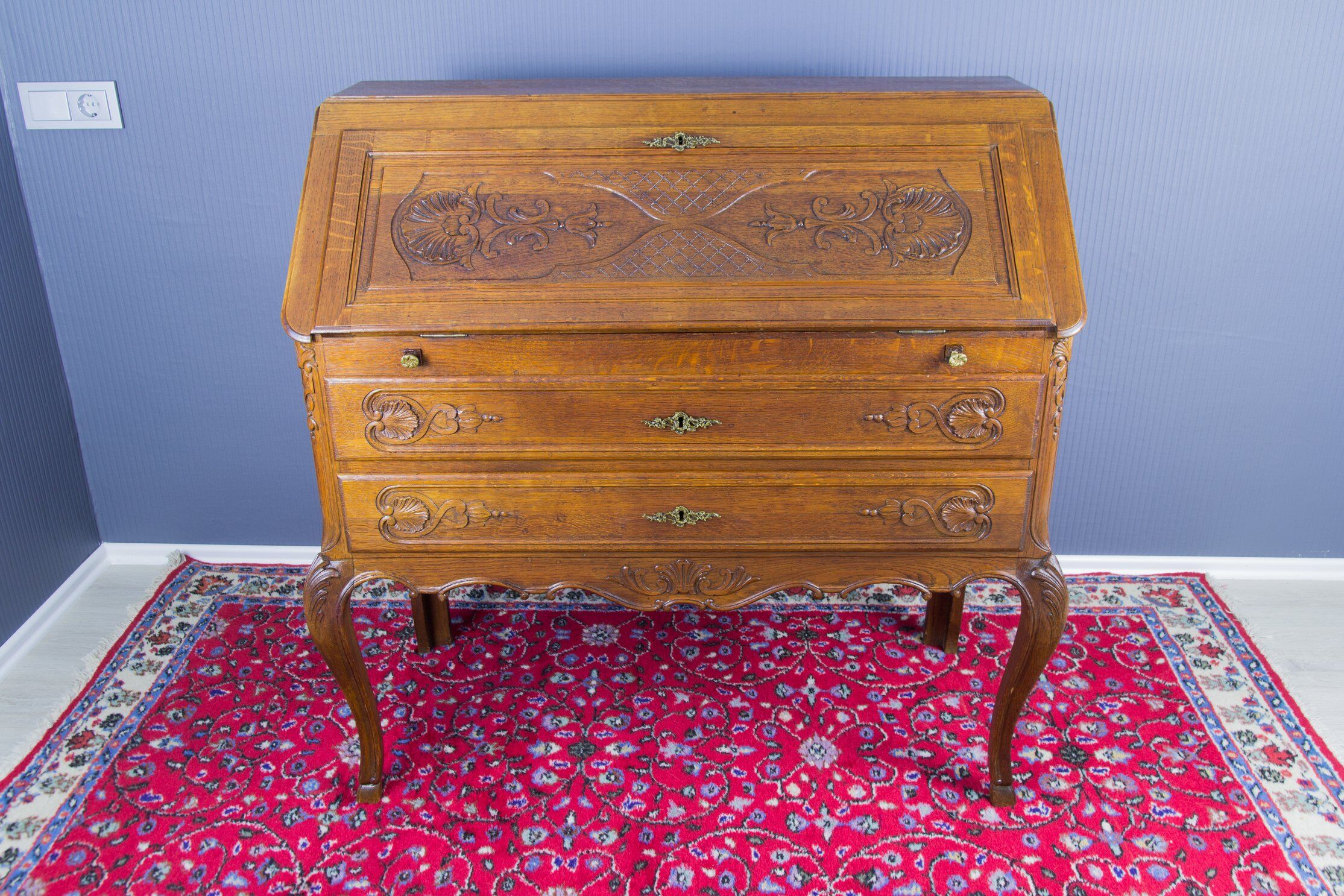 Louis XV style carved oak secretary 1930s