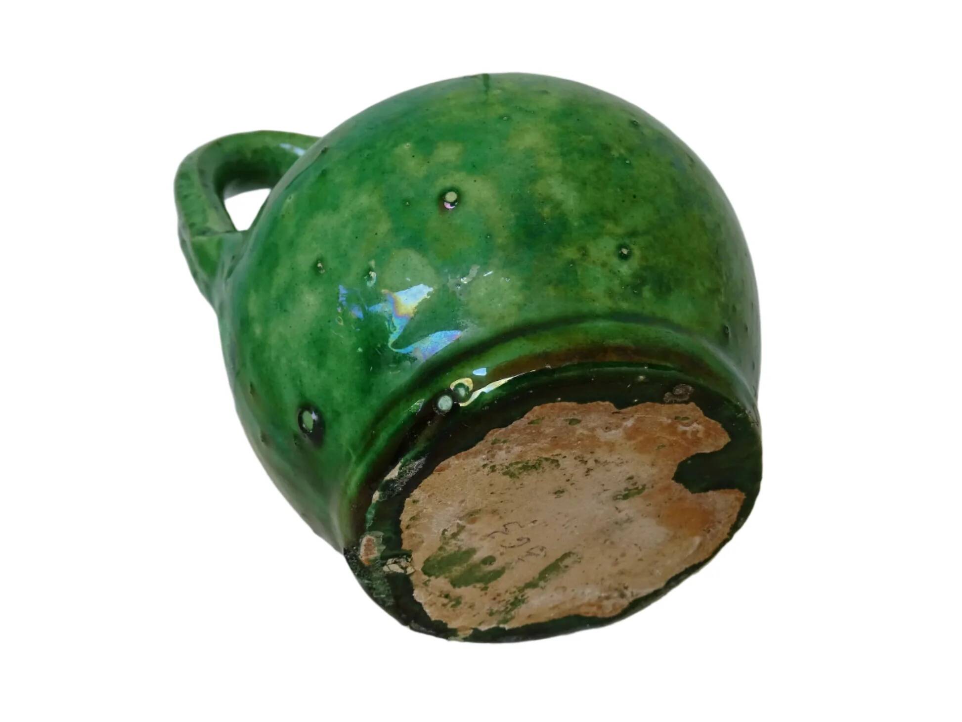 Orjol ou cruche vert antique français en terre cuite émaillée