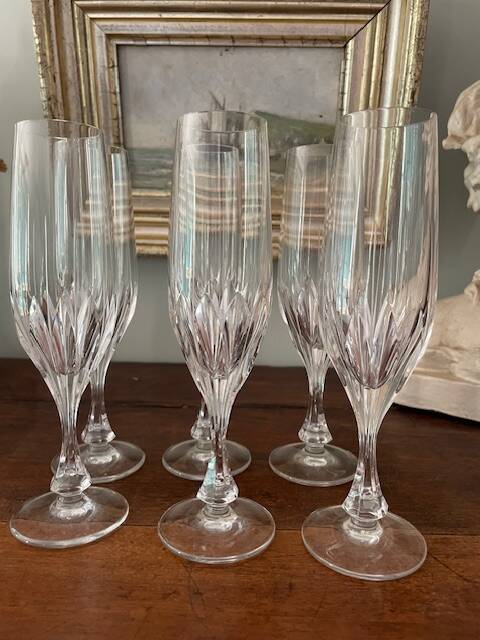 6 antique cut and engraved crystal champagne flutes