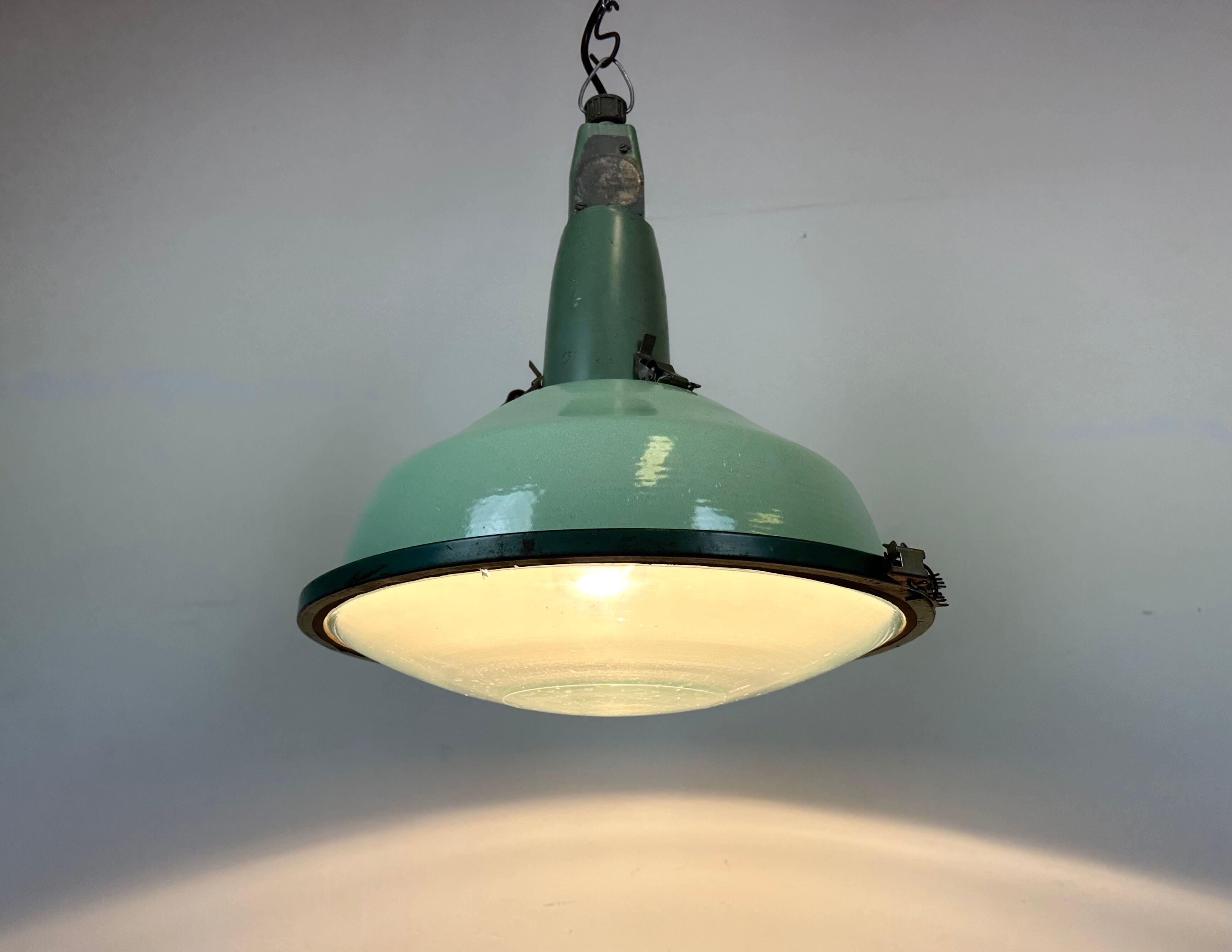 Industrial soviet green enamel pendant light with glass cover, 1960s
