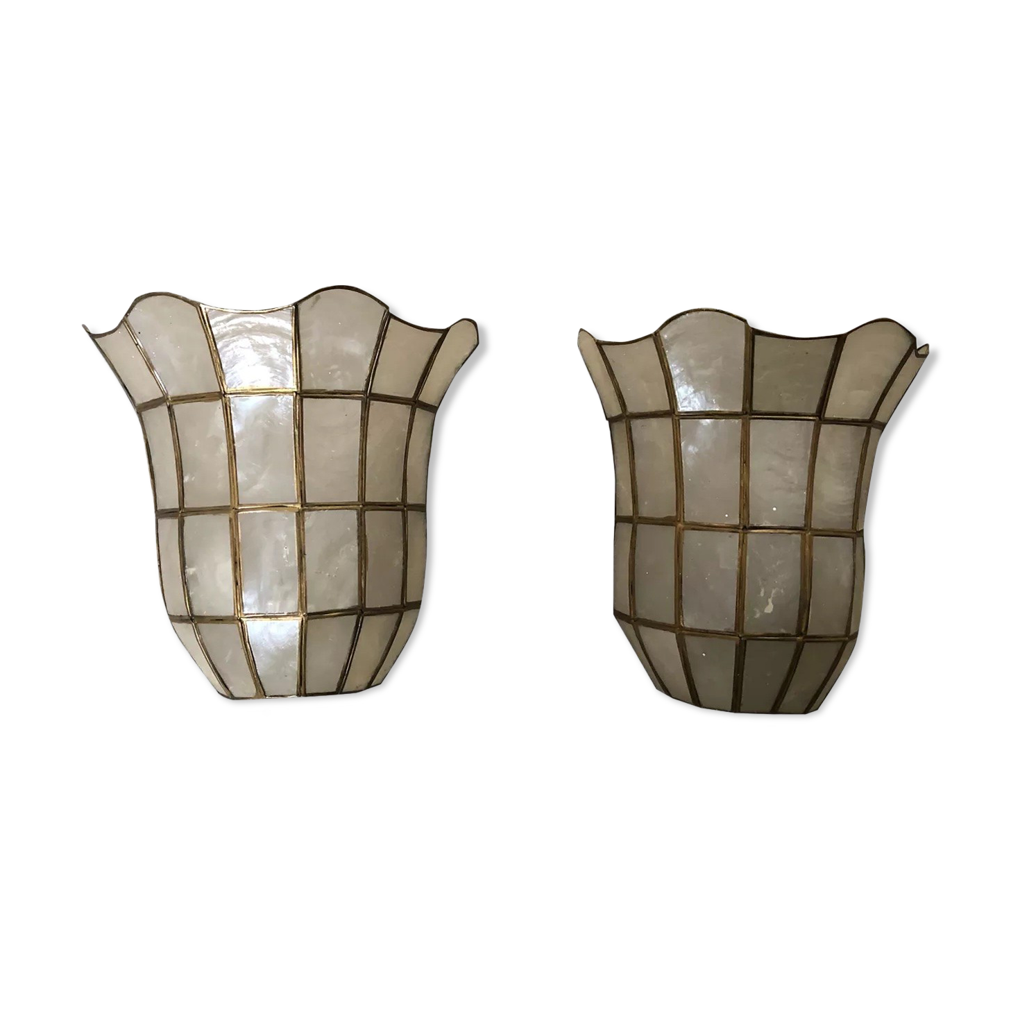 Set of two vintage mother-of-pearl and brass wall lamps