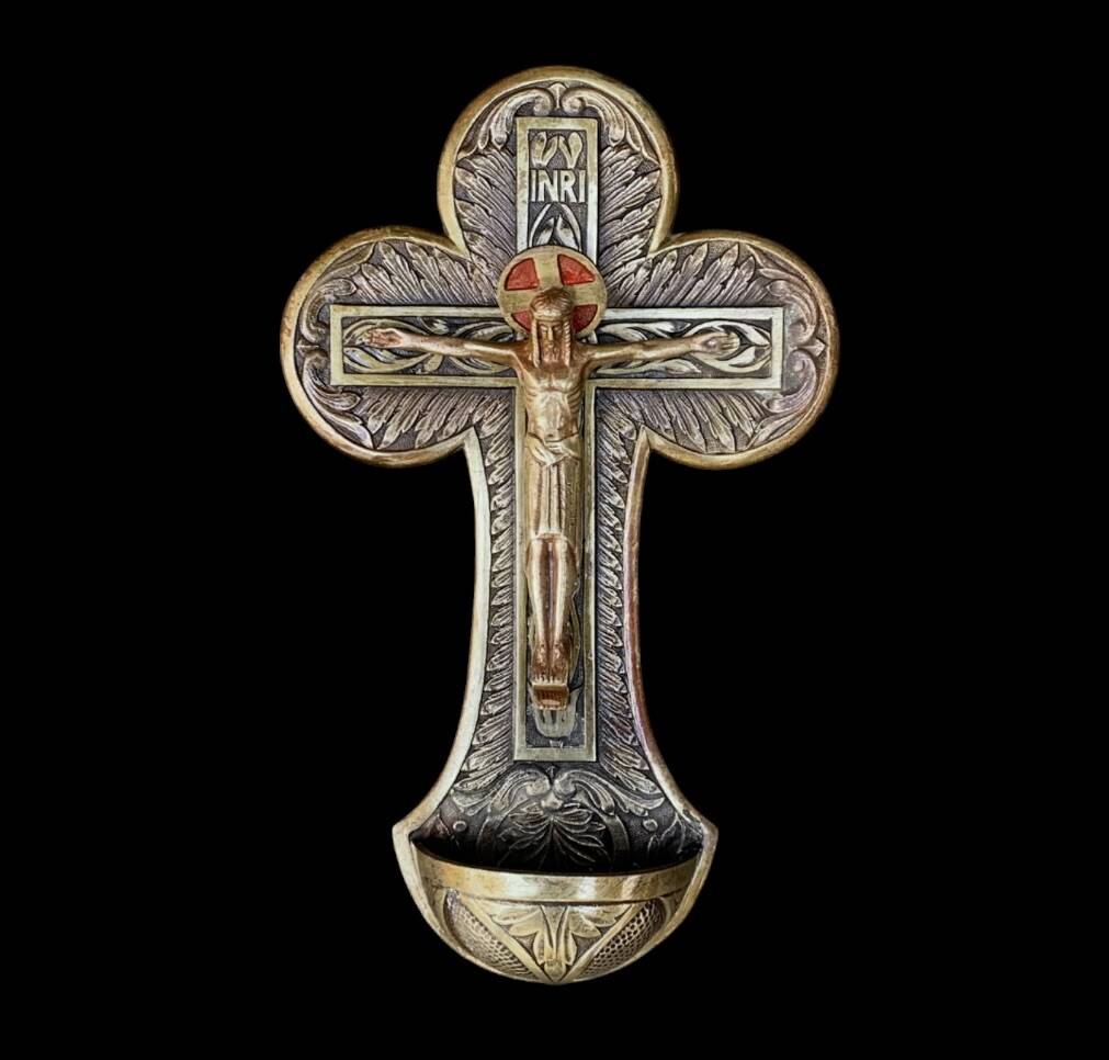 Old holy water stoup crucifix – patinated bronze