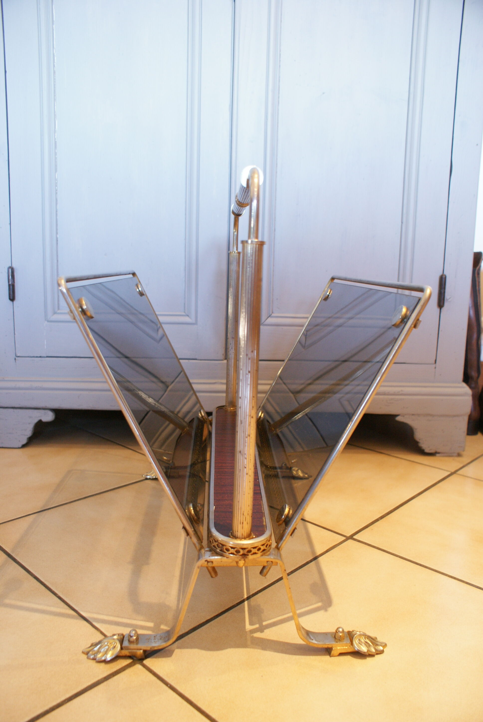 Vintage smoked glass and metal magazine rack