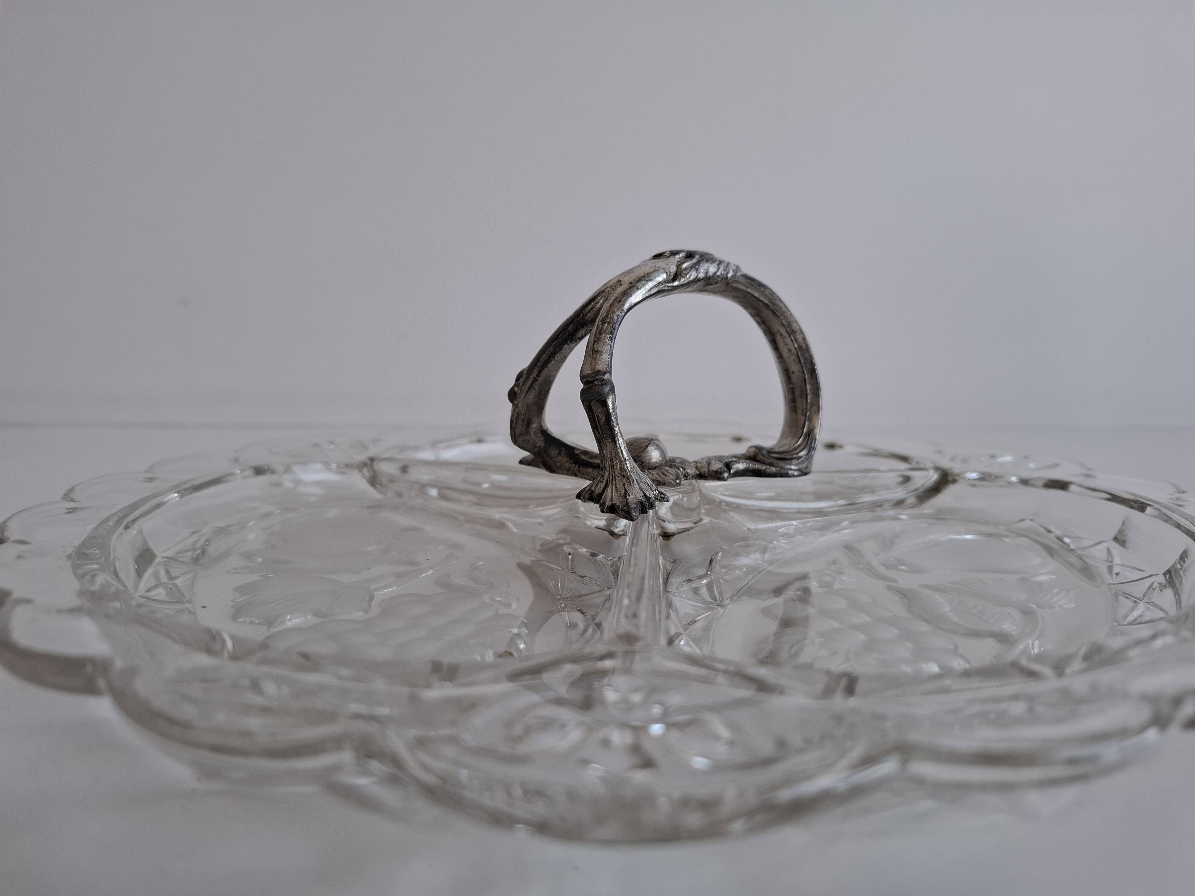 Art Deco Pressed Glass Divided Serving Dish with Alpaca Handle, 1930