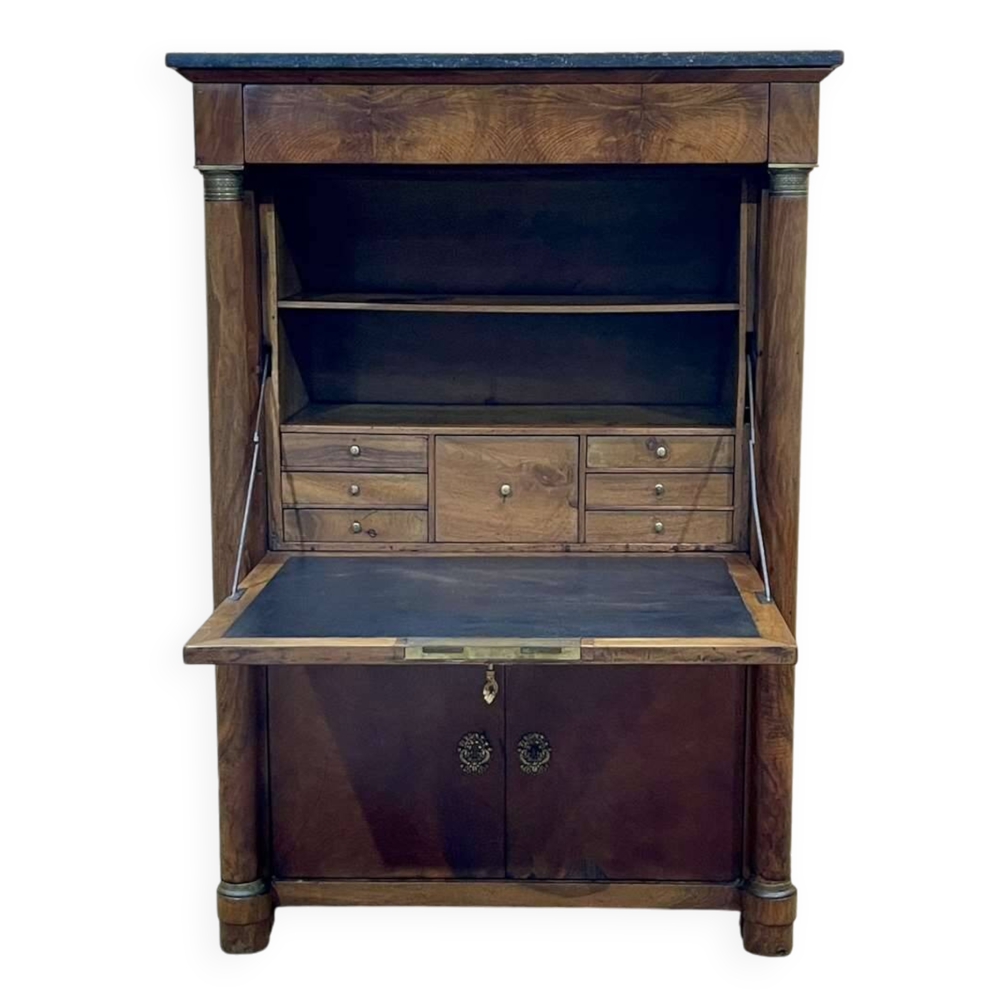 Empire period secretary in walnut, oak and black marble top
