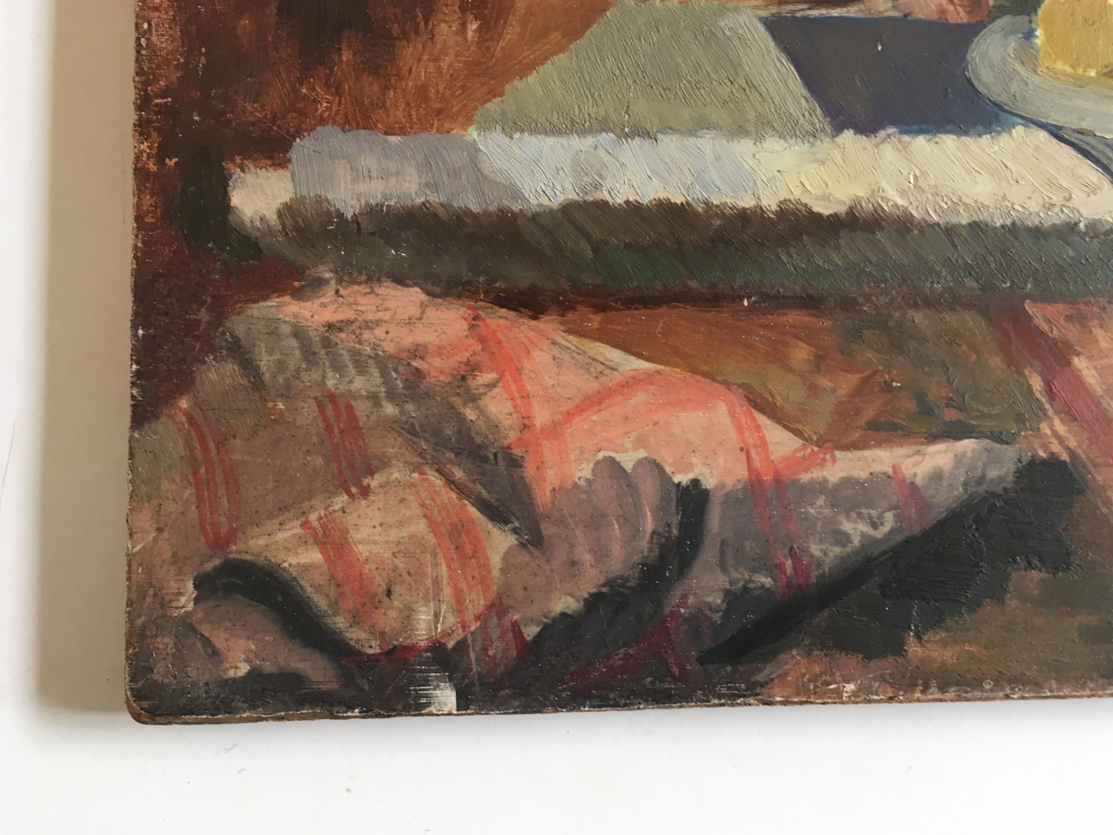 Interior scene "Seamstress at the kitchen table", oil on wood 50s