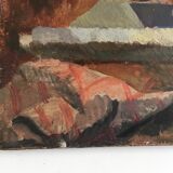 Interior scene "Seamstress at the kitchen table", oil on wood 50s