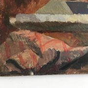Interior scene "Seamstress at the kitchen table" oil on wood 50s
