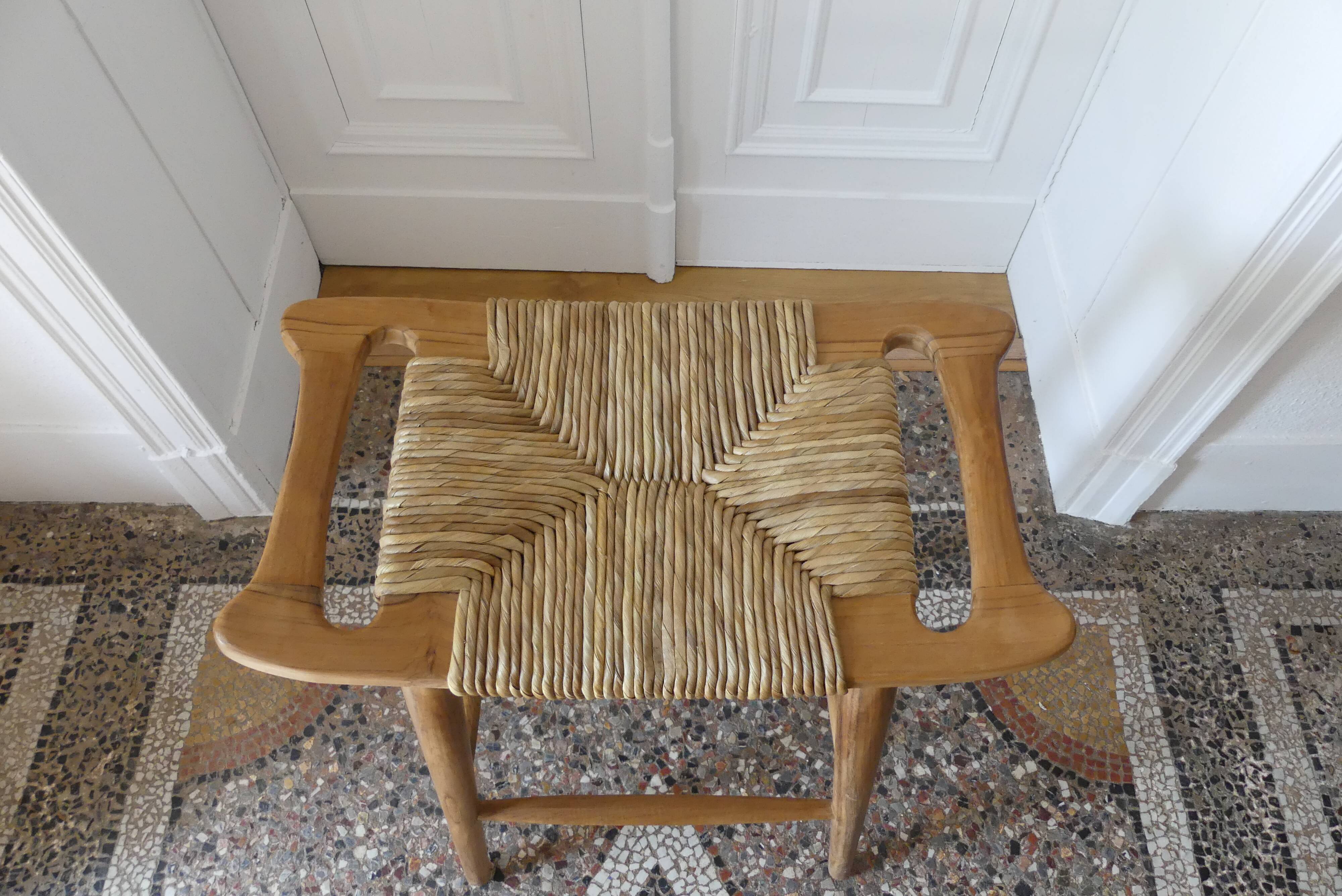 Tabouret de bar en teck et raphia