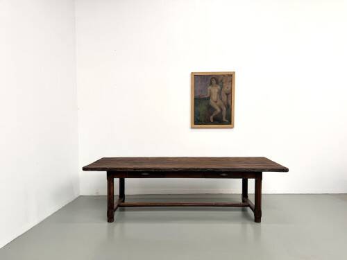 Brutalist farmhouse table in solid oak, 270 cm, 1920s.