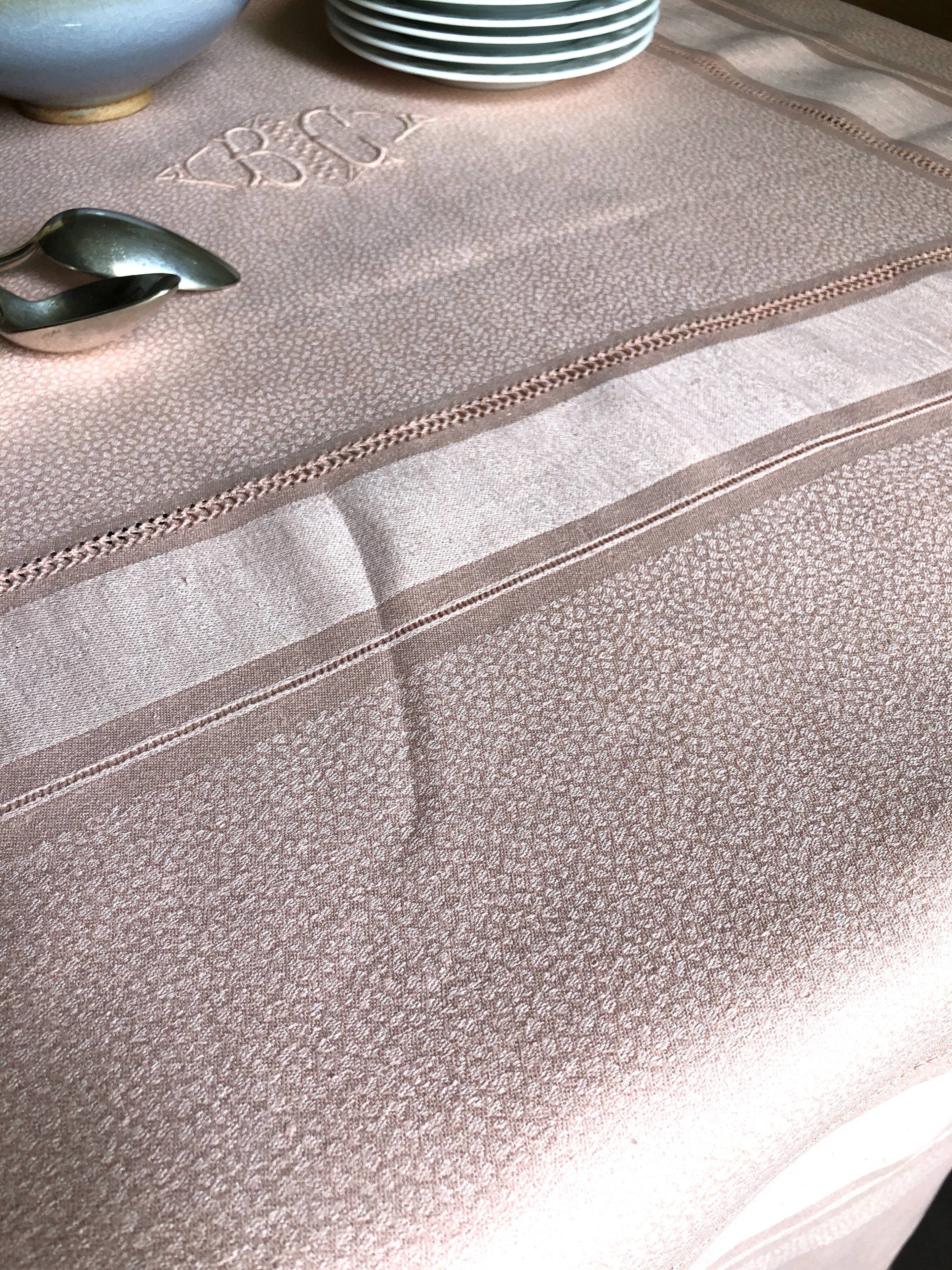 Old damsed tablecloth in linen and silk coral