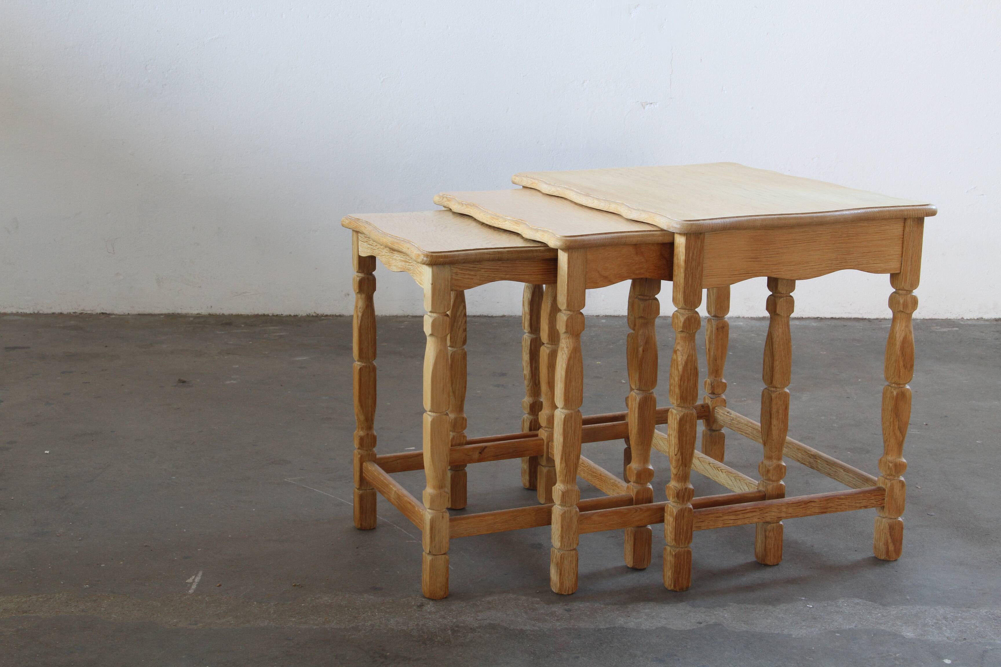 Vintage 1970s set of 3 Nesting / Stacking Oak Tables, style of Henning Kjær