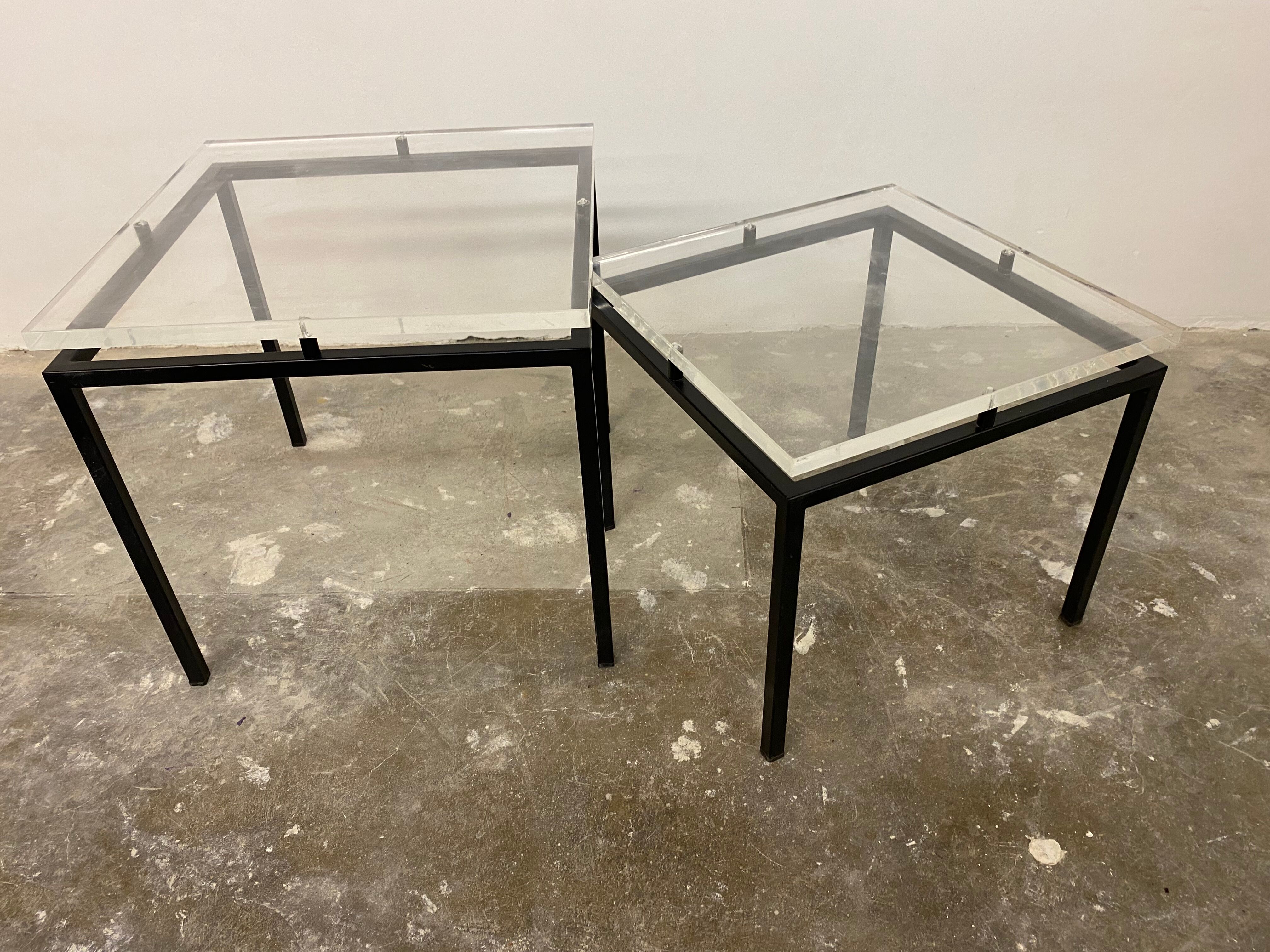 Vintage modernist acrylic glass and steel side tables, 1980s, set of 2