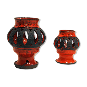 Red glazed ceramic pair of tablelamps by Nykirka Motala Keramik Sweden 1960s