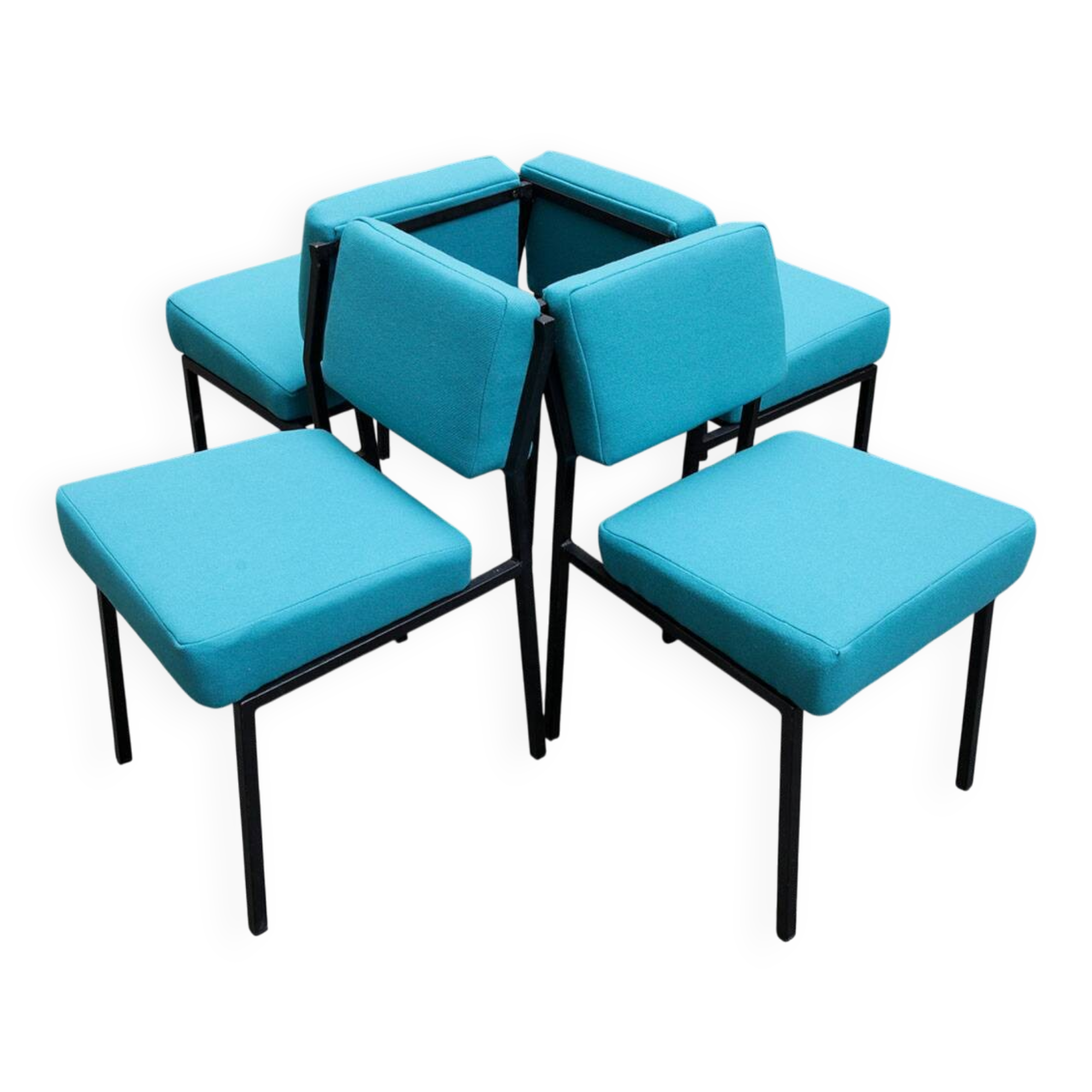 4 designer chairs, vintage 1962 (reupholstered) in the style of Pierre Guariche.