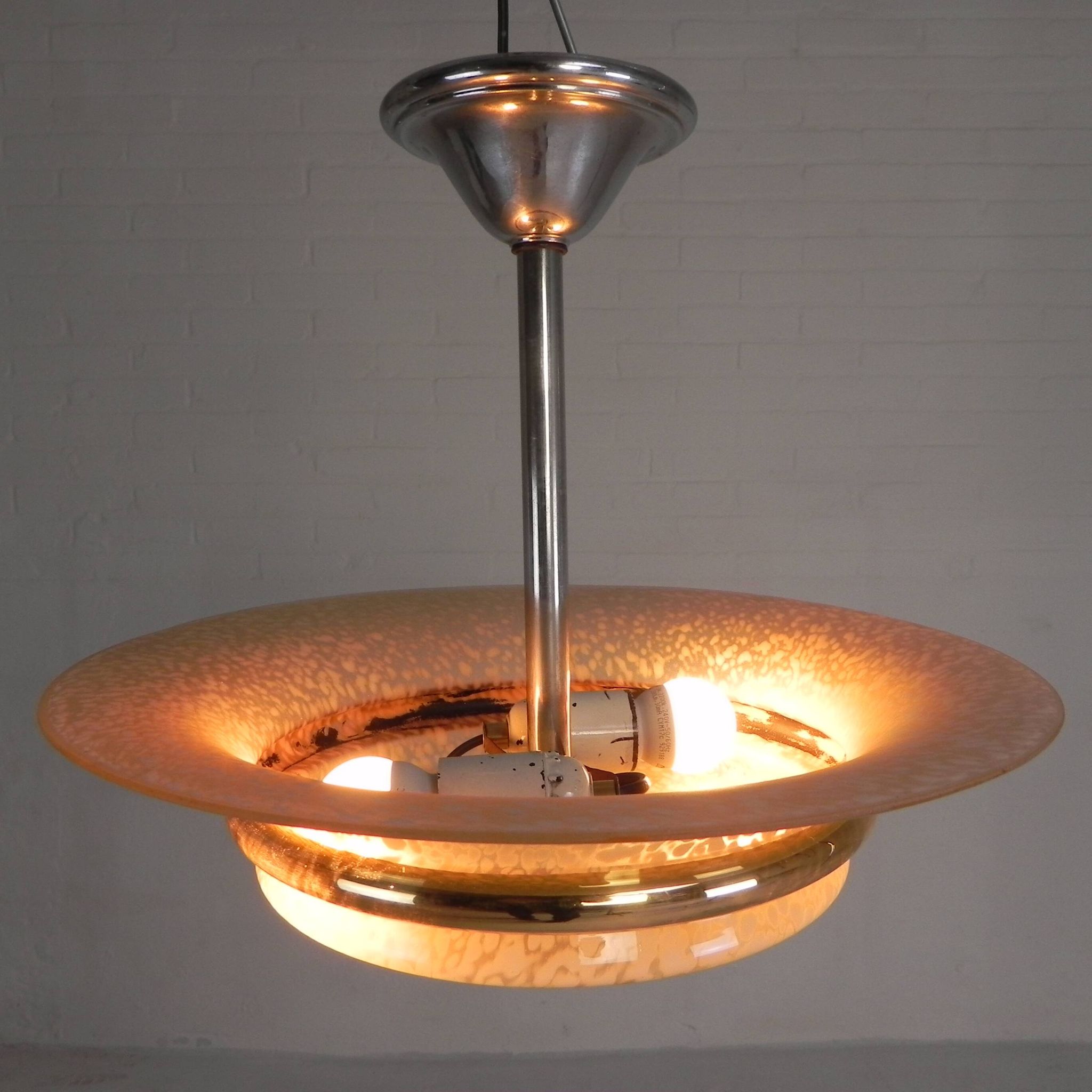 Art Deco suspension with cloudy glass shade and gold band, 1930s