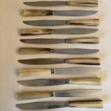 Complete set of 12 stainless steel table knives with Bakelite handles and Art Deco ferrules