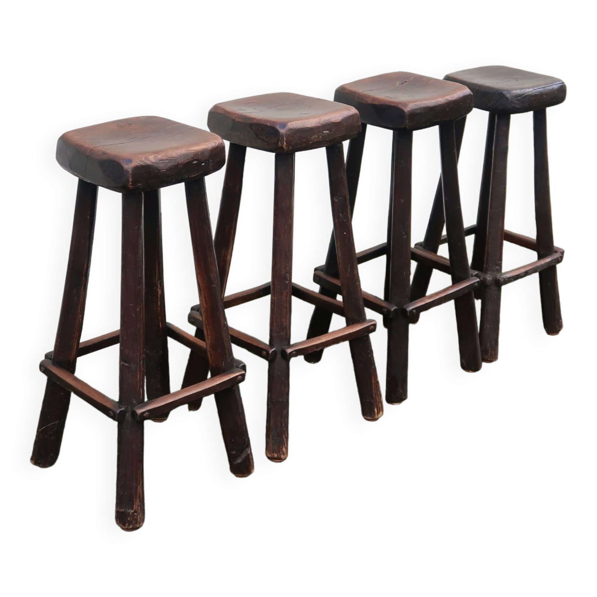 4 vintage brutalist solid wood bar stools