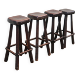 4 vintage brutalist solid wood bar stools