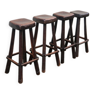 4 vintage brutalist solid wood bar stools
