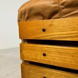 Mid-century cognac leather lounge sofa in oak