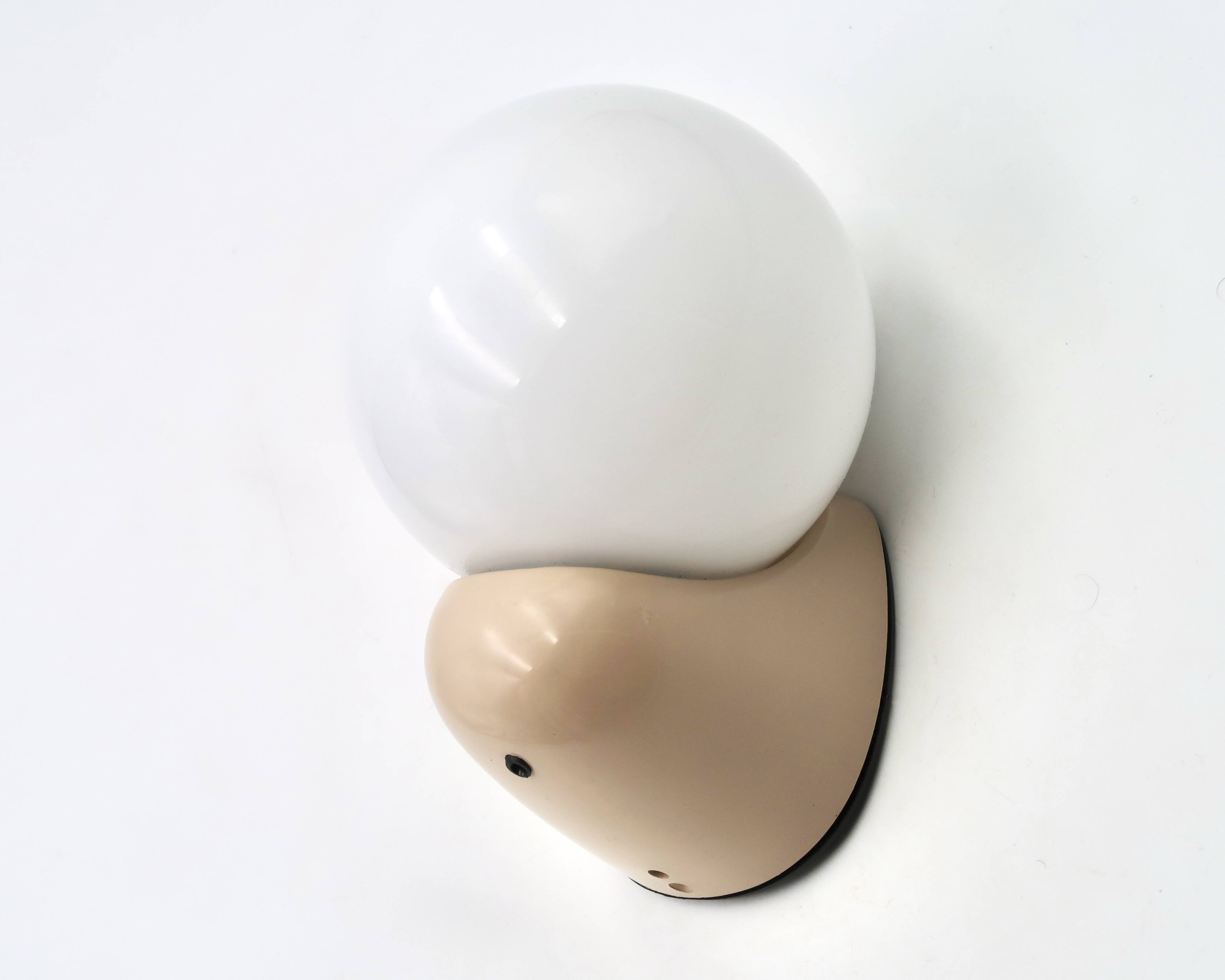 Beige Tissot wall light with opaque white glass globe, 1970s 80s.