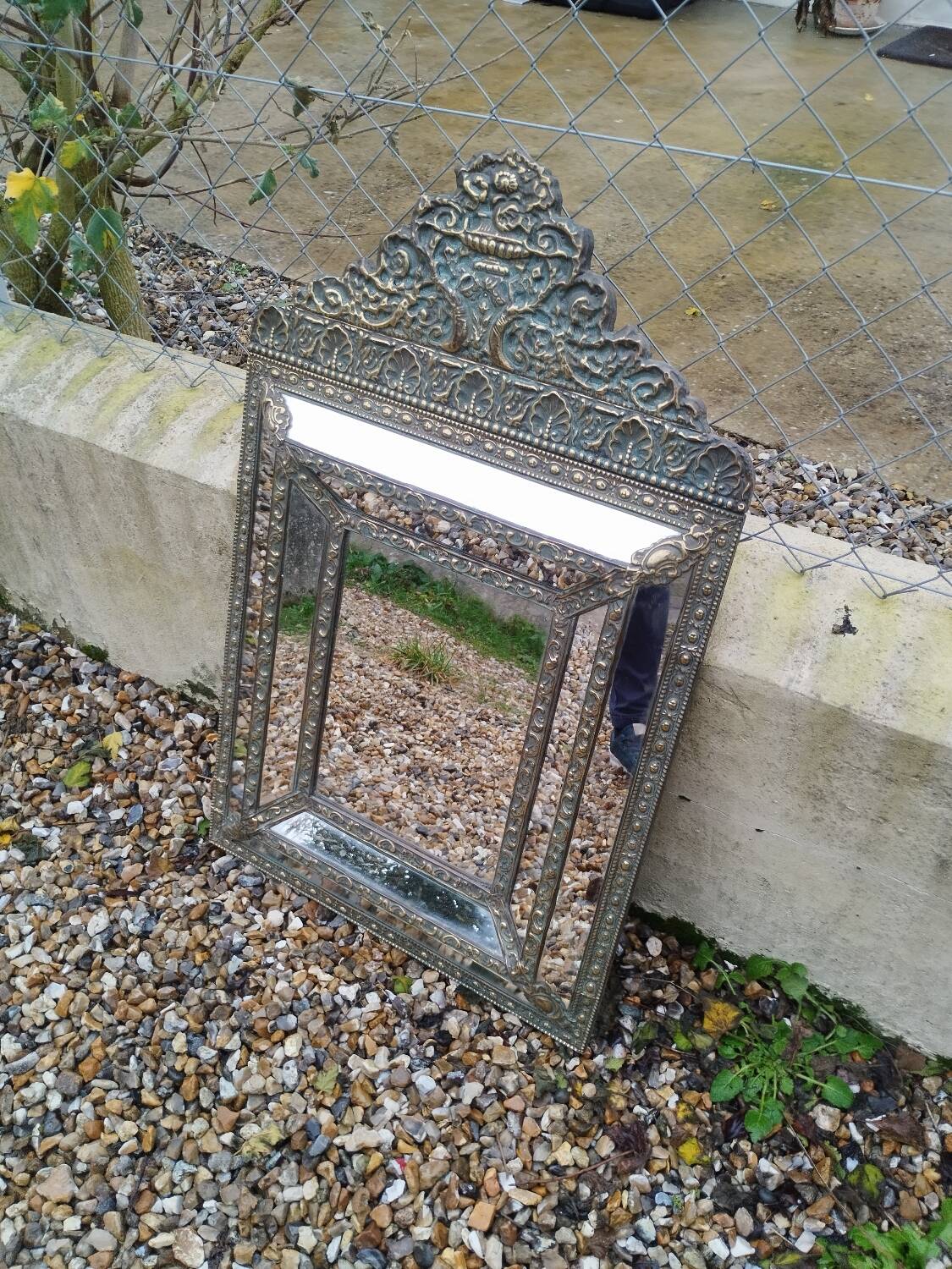 Antique mirror with copper moulding.