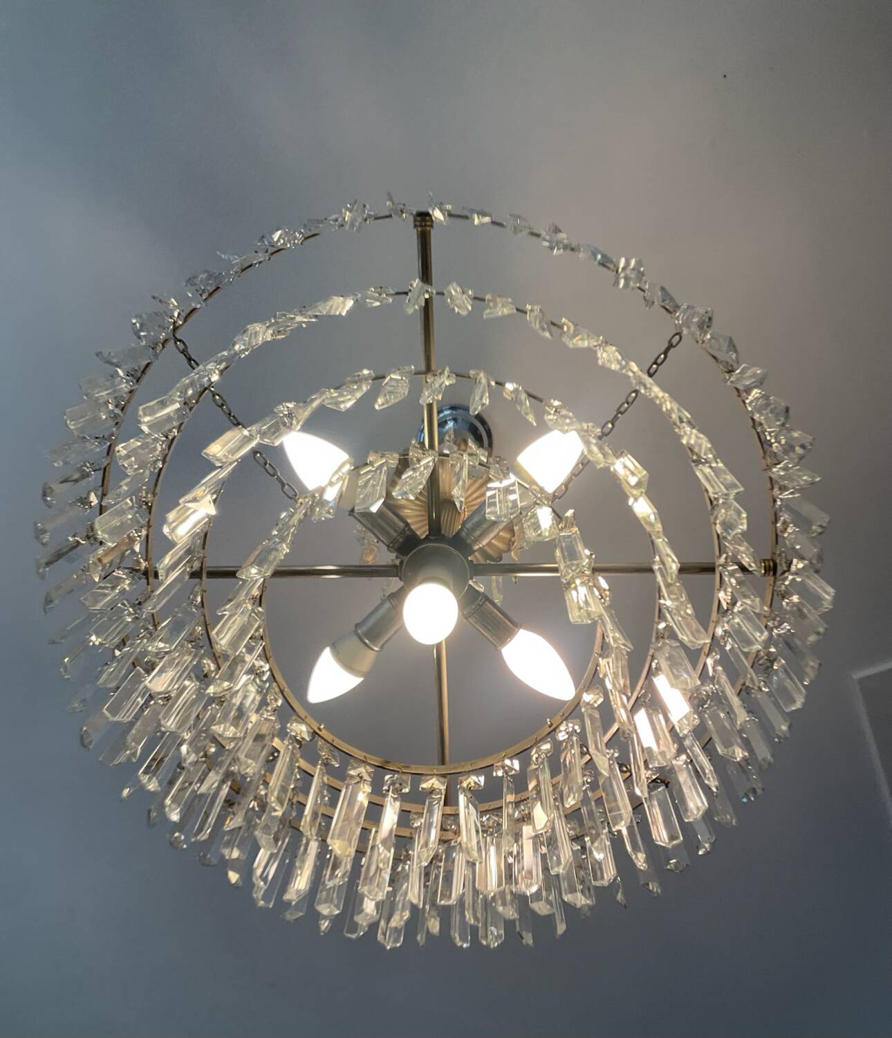 Large crystal chandelier with cascade of pendants from the 60s and 70s
