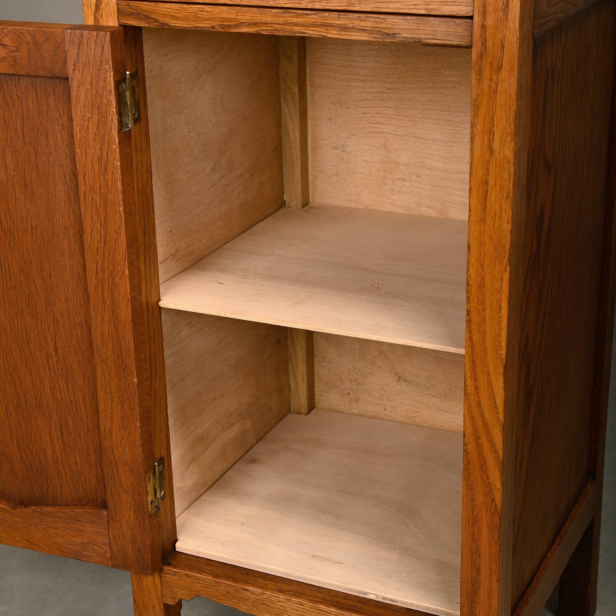 Art Deco Amsterdam School Nightstands oak wood and glass, 1930s Netherlands