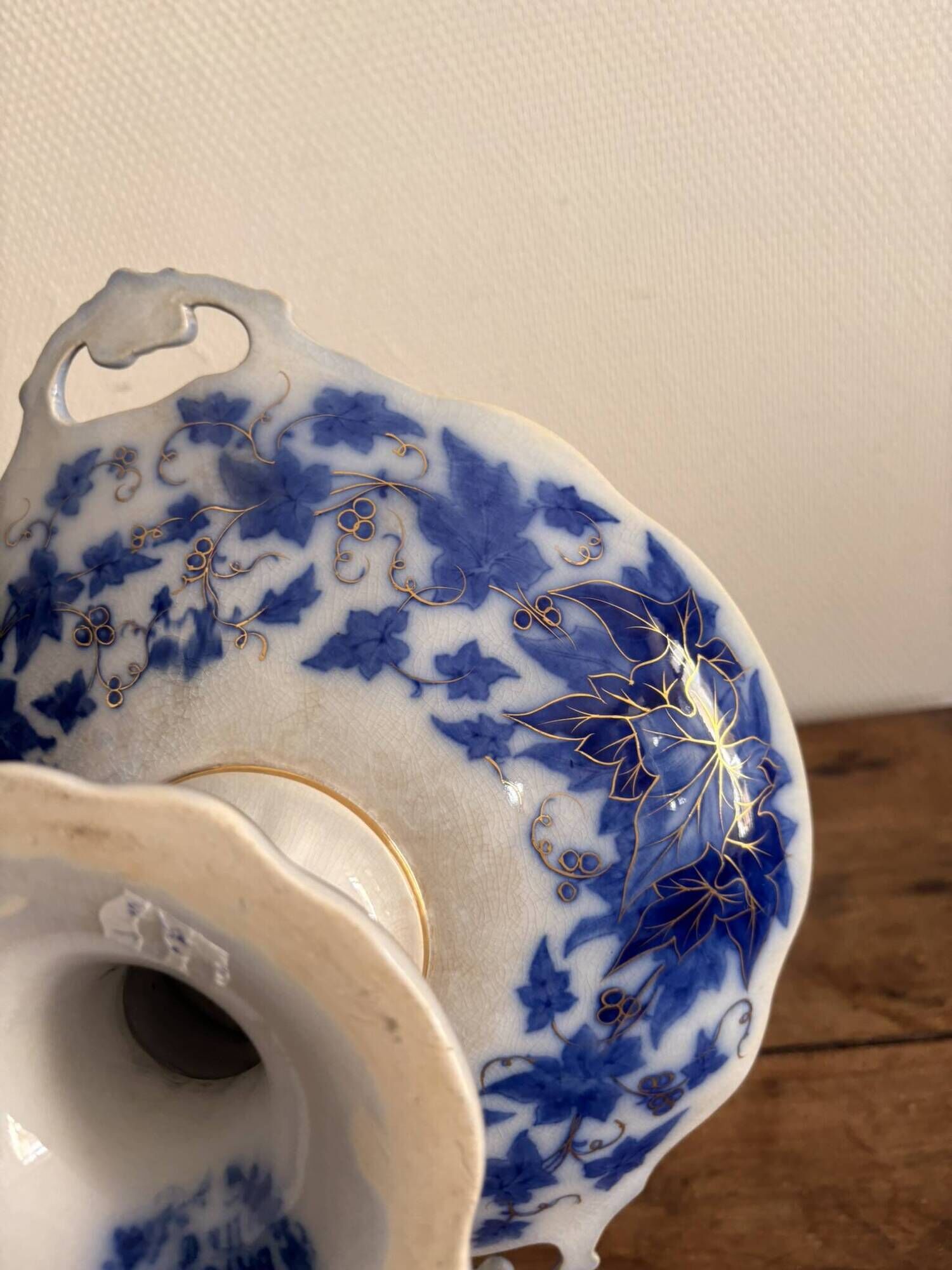 Blue faience shower footrest Bryonia H&C 19th Century Art Nouveau Hache Vierzon
