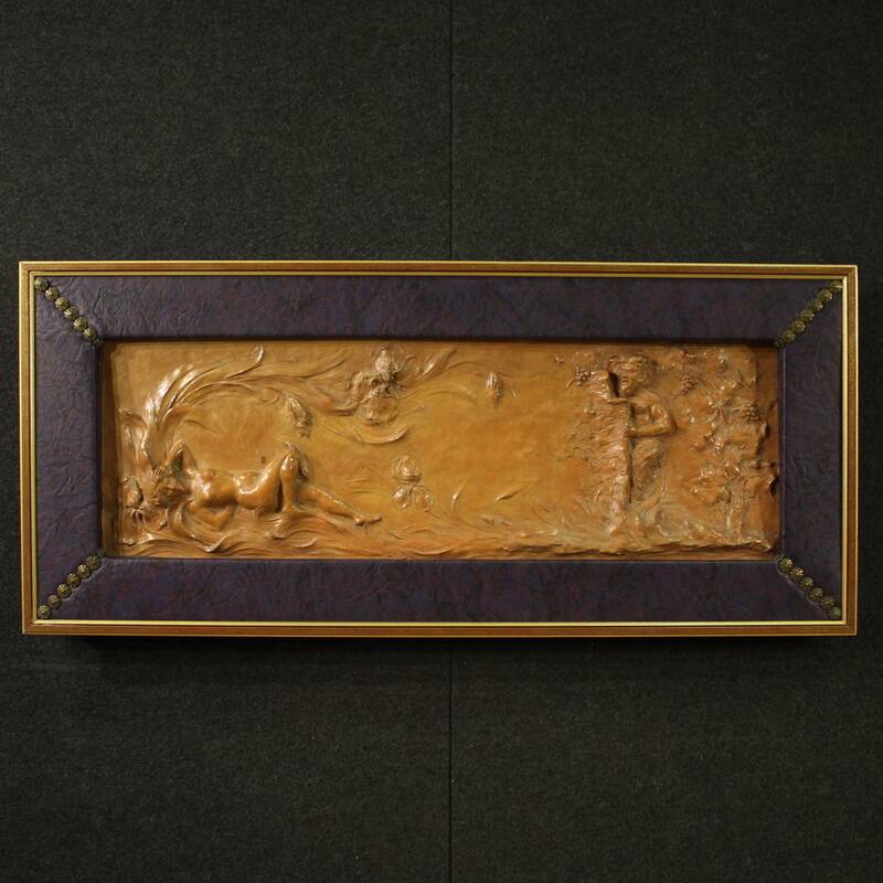 French terracotta bas-relief, Venus with Faun from 20th century