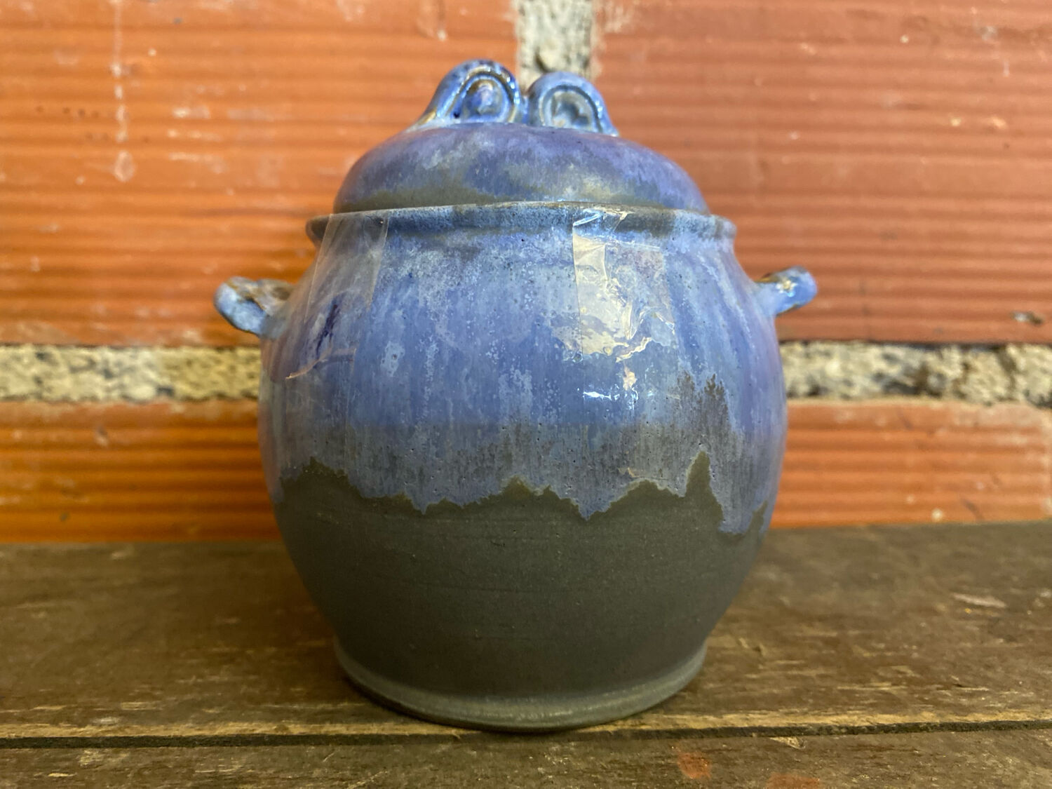 Apothecary pot + old lid peggy la bathie glazed polychrome stoneware