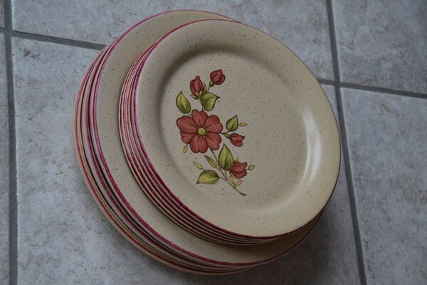 Ensemble d'assiettes en faïence rose Saint-Amand modèle Charme