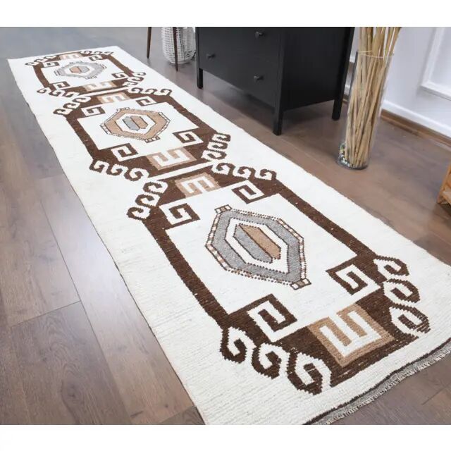 Vintage Turkish Oushak Handmade Wool Cotton White Runner 90x350