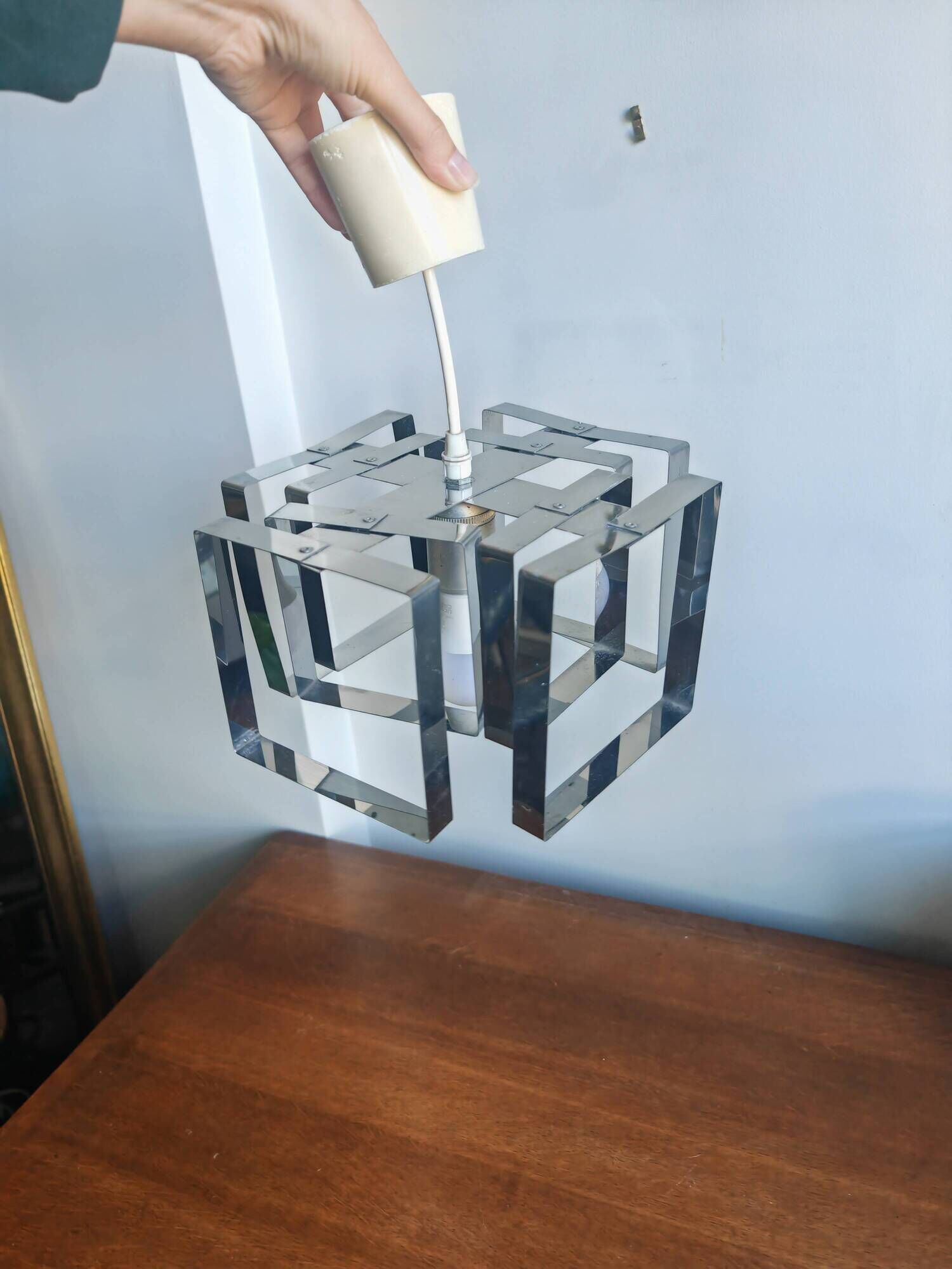 Lampe Cube Métal Chromé Vintage 70s - Style Sciolari / Rega