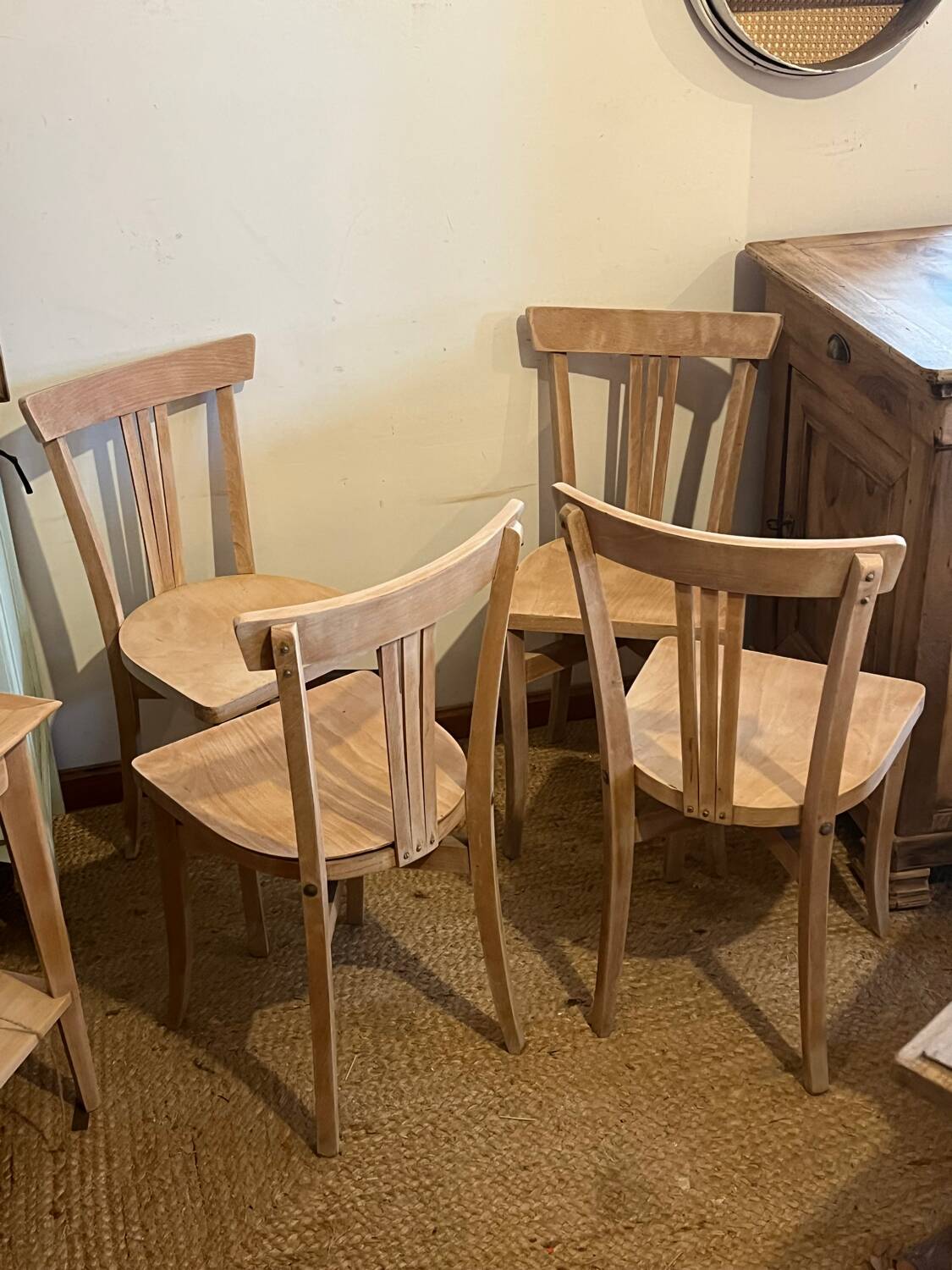 Set of 4 vintage bistro chairs in raw wood