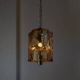 Large Vintage Murano Glass Ceiling Lamp by Toni Zuccheri for Mazzega, Clear & Amber Glass with Chrome, Italy 1970s