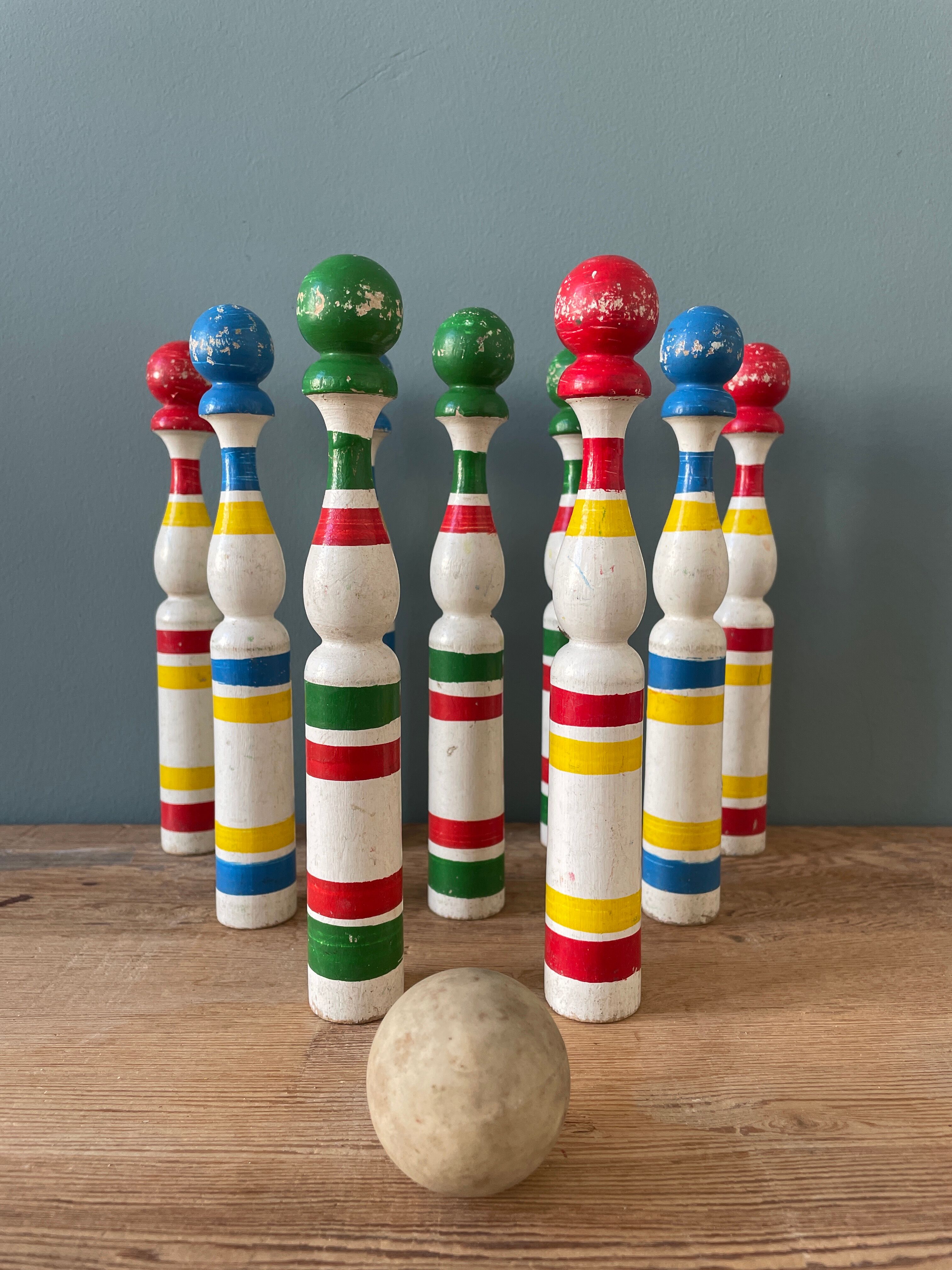Old painted wooden bowling game