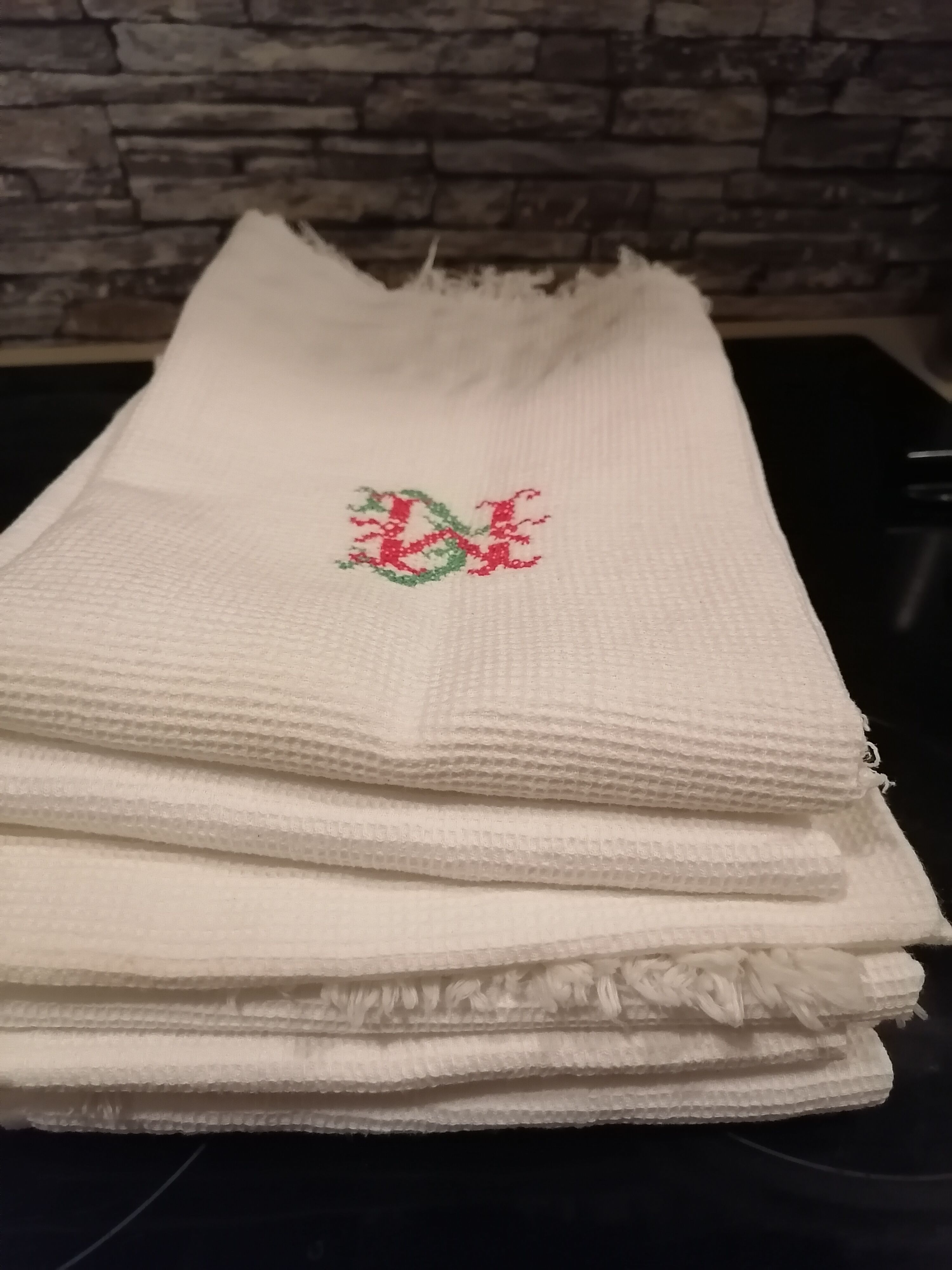 Set of 6 towels cotton i honeycomb fringes 1930 50