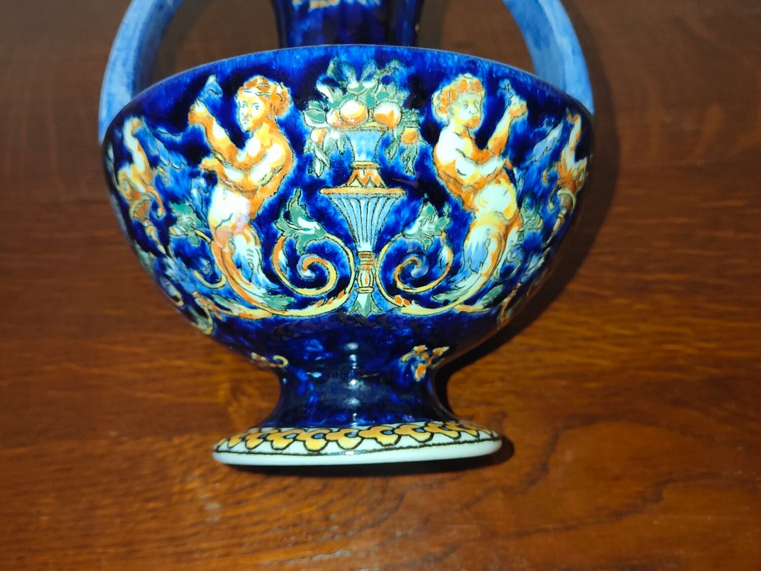 Vase with 2 polychrome handles in Gien earthenware France with Renaissance decoration 1938