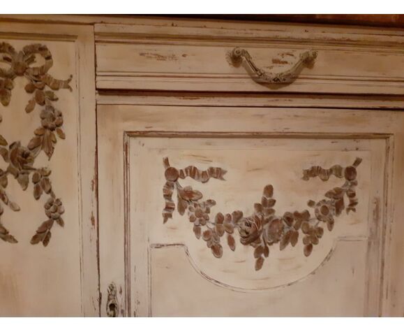 Sideboard 2 doors and 2 drawers with floral decorations, white patinated furniture
