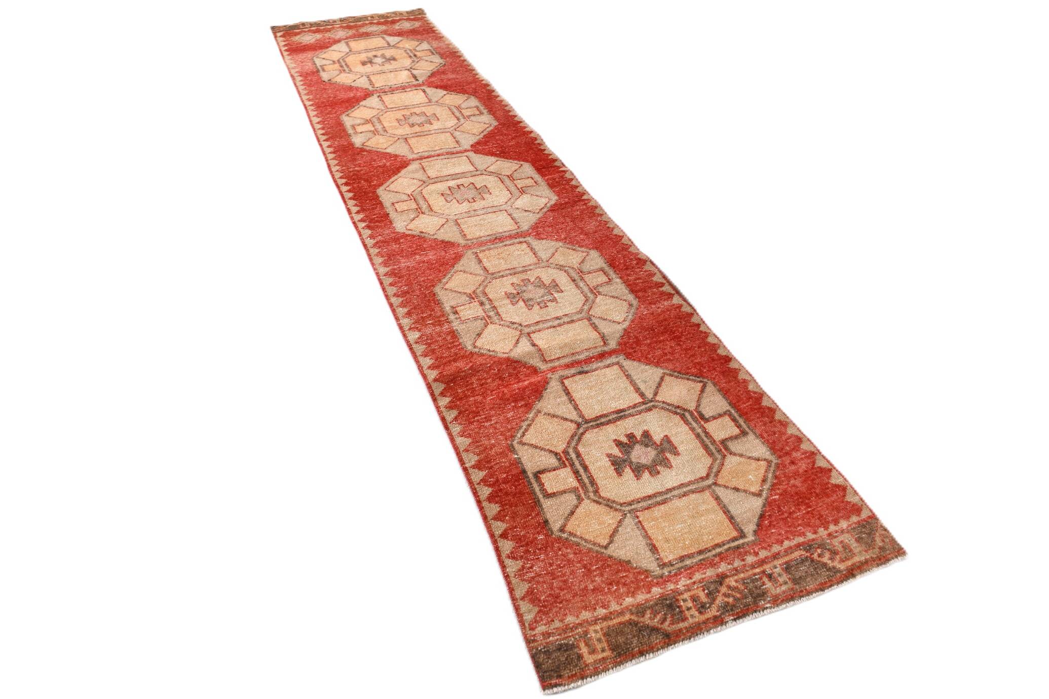 Turkish Red & Cream Oriental Vintage Runner Ruıg, 87x379Cm