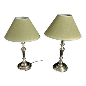 Pair of silver table lamps with green/beige lampshades raffia style