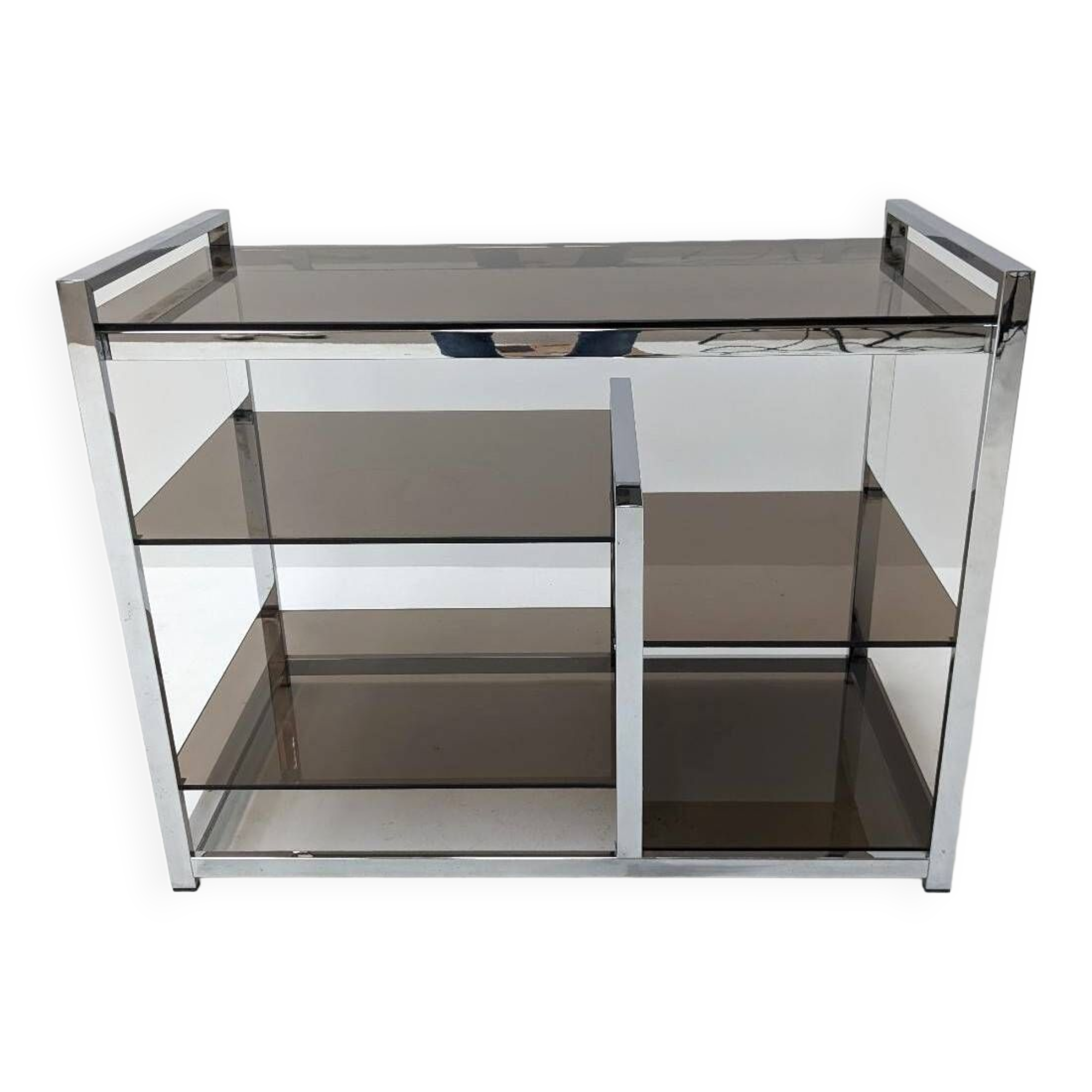 Vintage hifi or TV unit in chrome steel and smoked glass