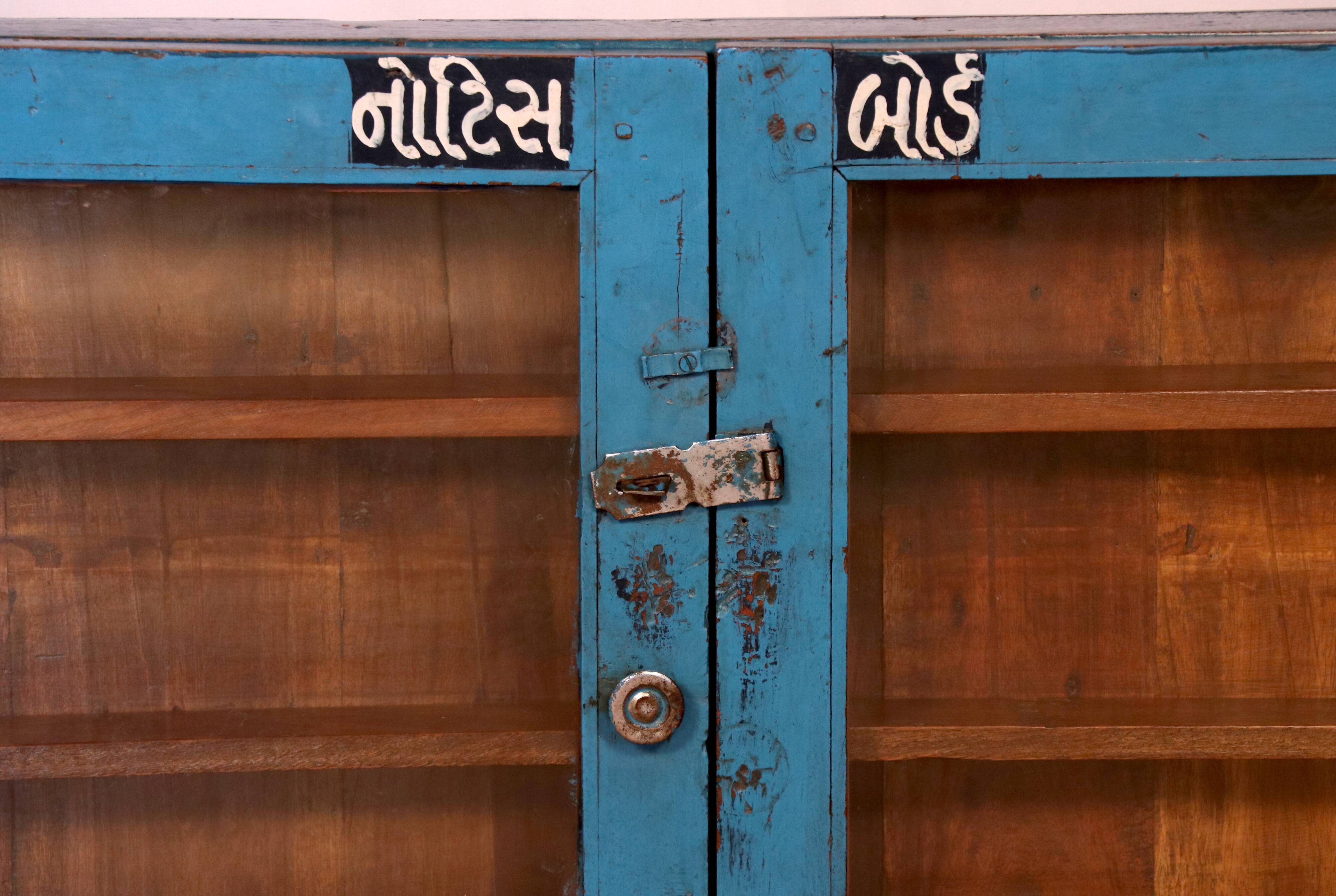 Old Burmese teak wall display case original blue patina